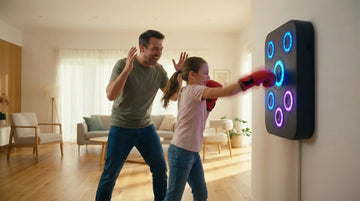 Dad and daughter doing cardio training with a colorfu wall-mounted boxing target machine