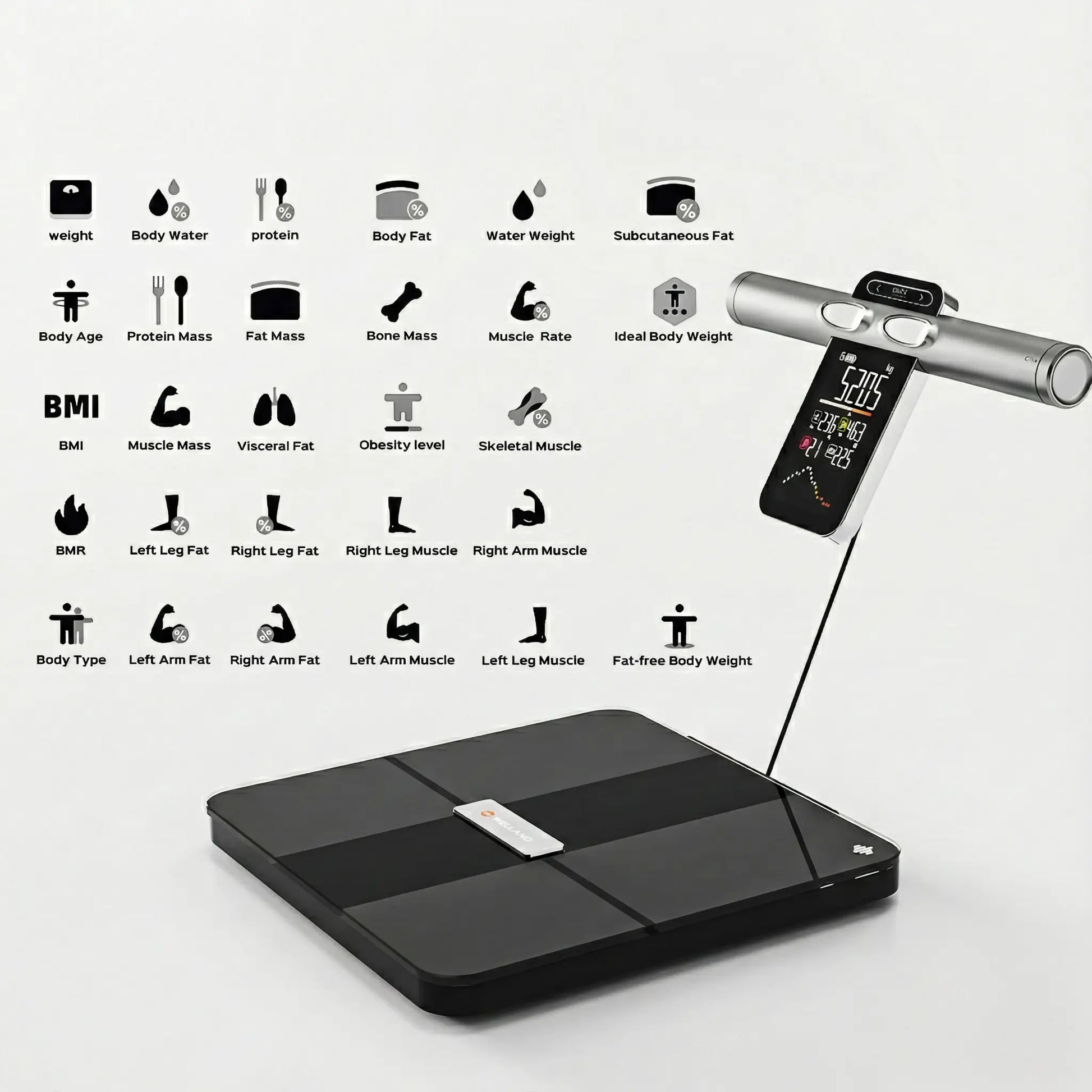 Black body composition analyzer with digital display on a white background, surrounded by health and fitness icons.