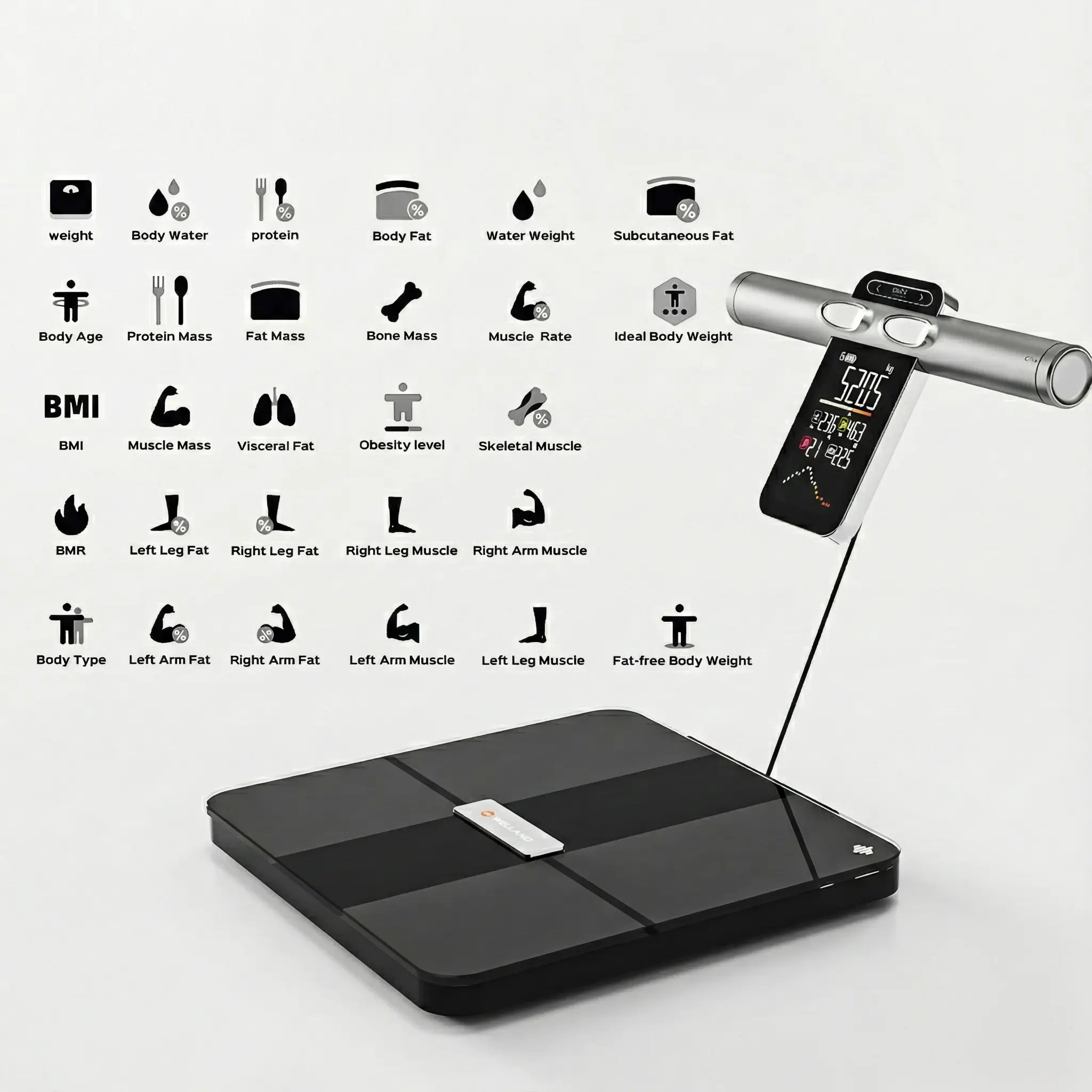 Black body composition analyzer with digital display on a white background, surrounded by health and fitness icons.