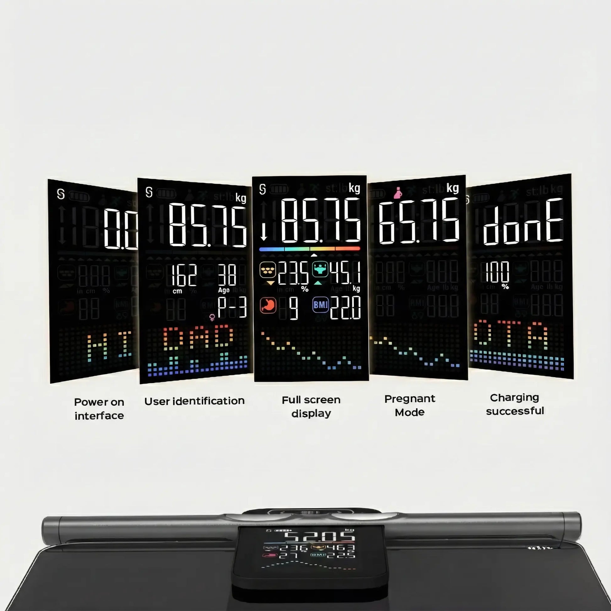 Smart scale display screens showing user profiles, measurement modes, and system states