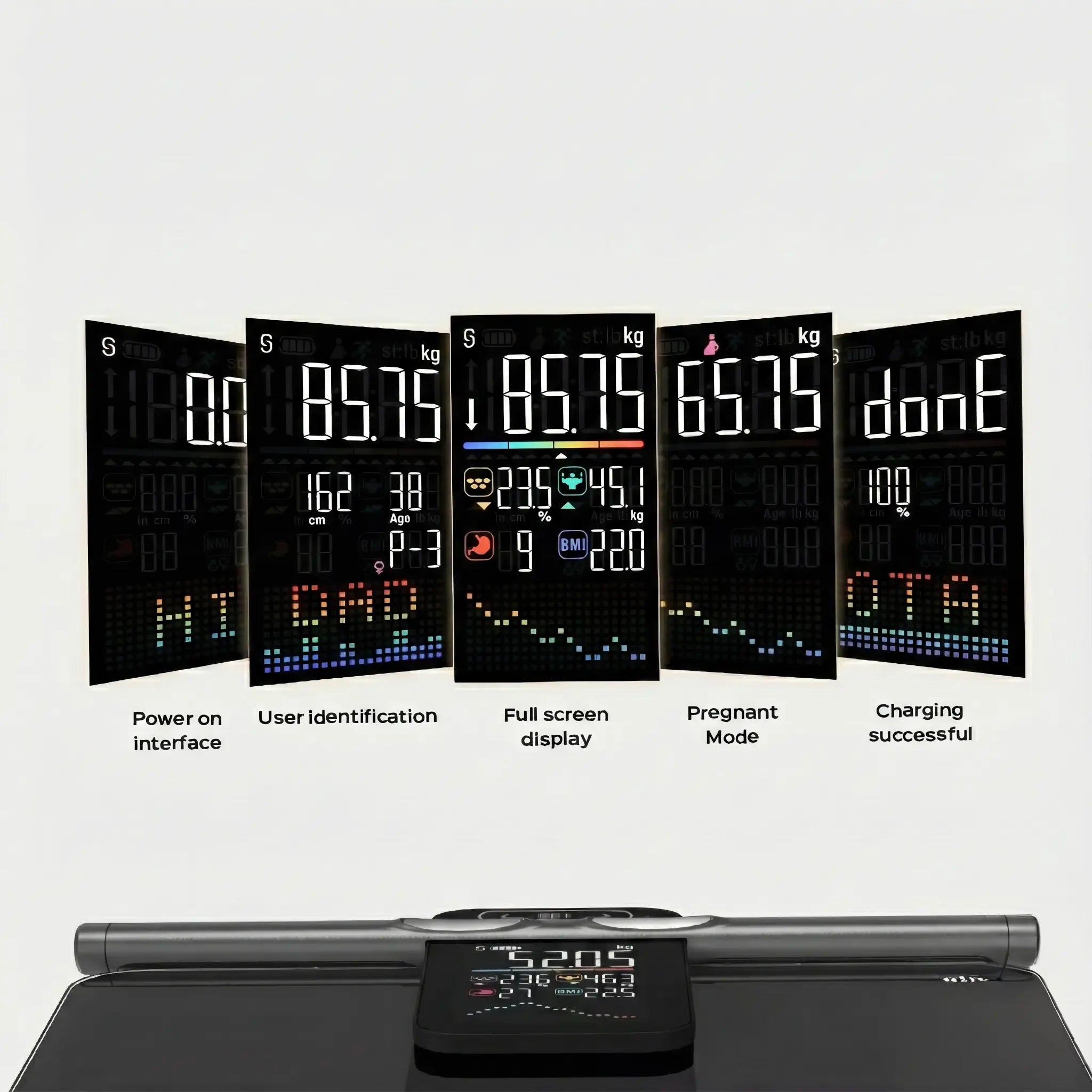 Smart scale display screens showing user profiles, measurement modes, and system states