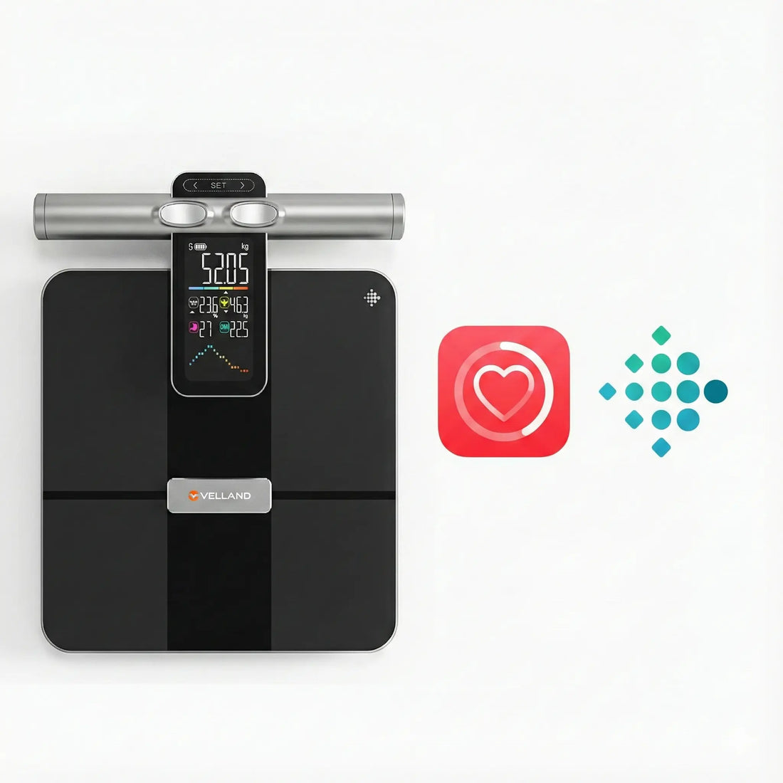 Black body composition analyzer with digital display on a white background, surrounded by health and fitness icons.