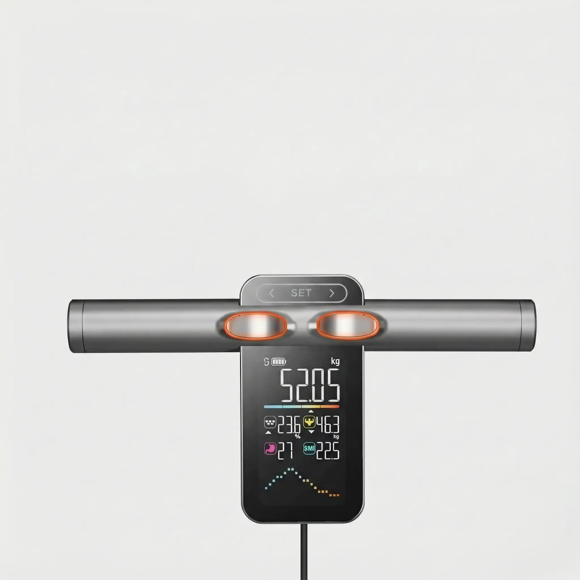 Close-up of smart scale handle electrodes and display showing body composition measurements