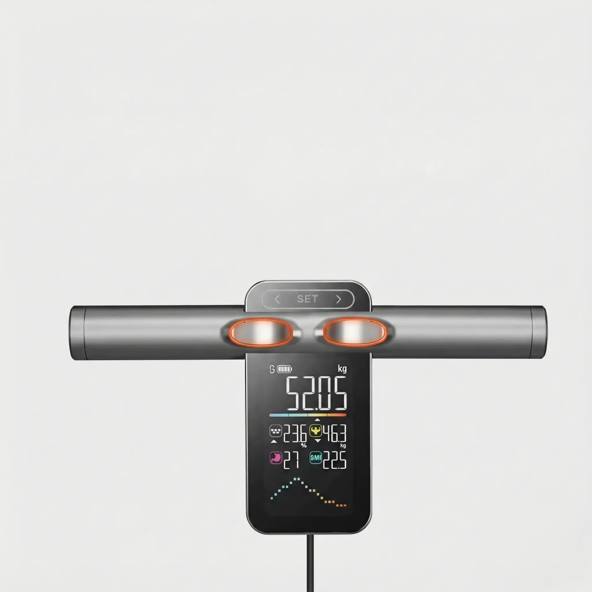 Close-up of smart scale handle electrodes and display showing body composition measurements