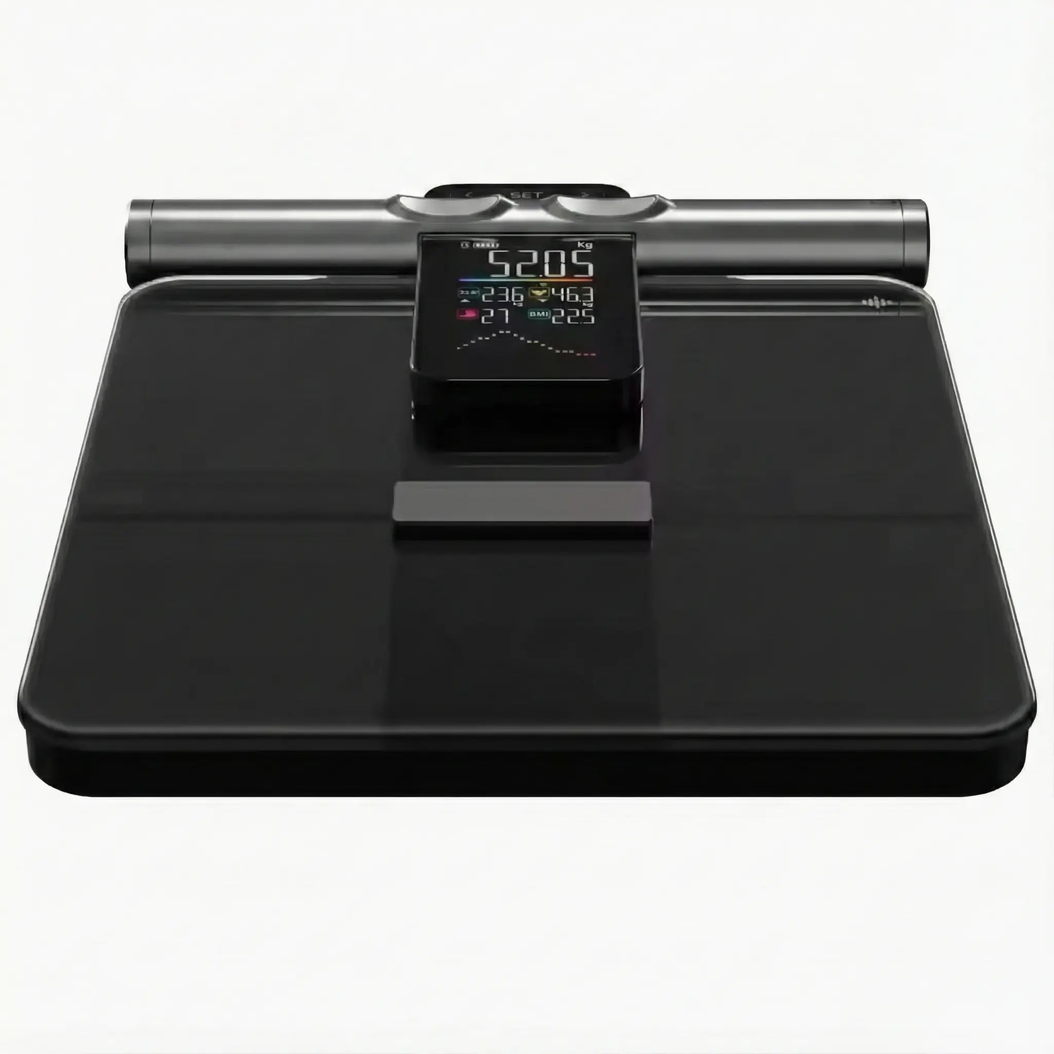 Detailed view of smart scale handle and screen displaying weight and body composition data