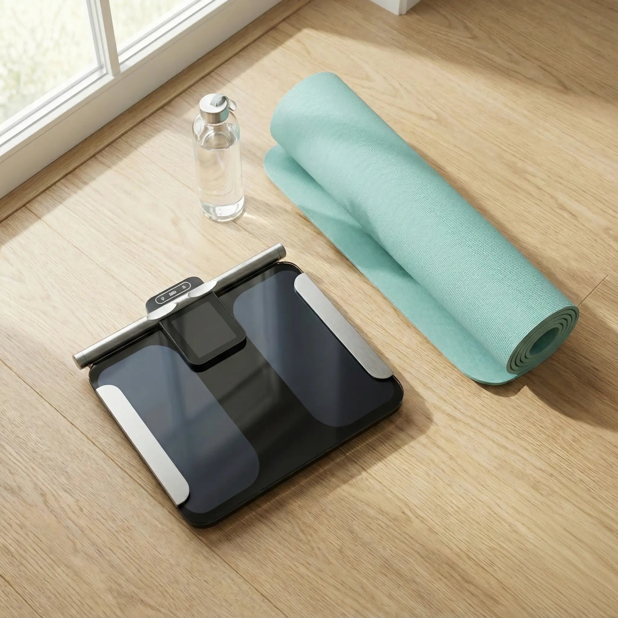 Smart body composition scale placed on a wooden floor next to a yoga mat and water bottle