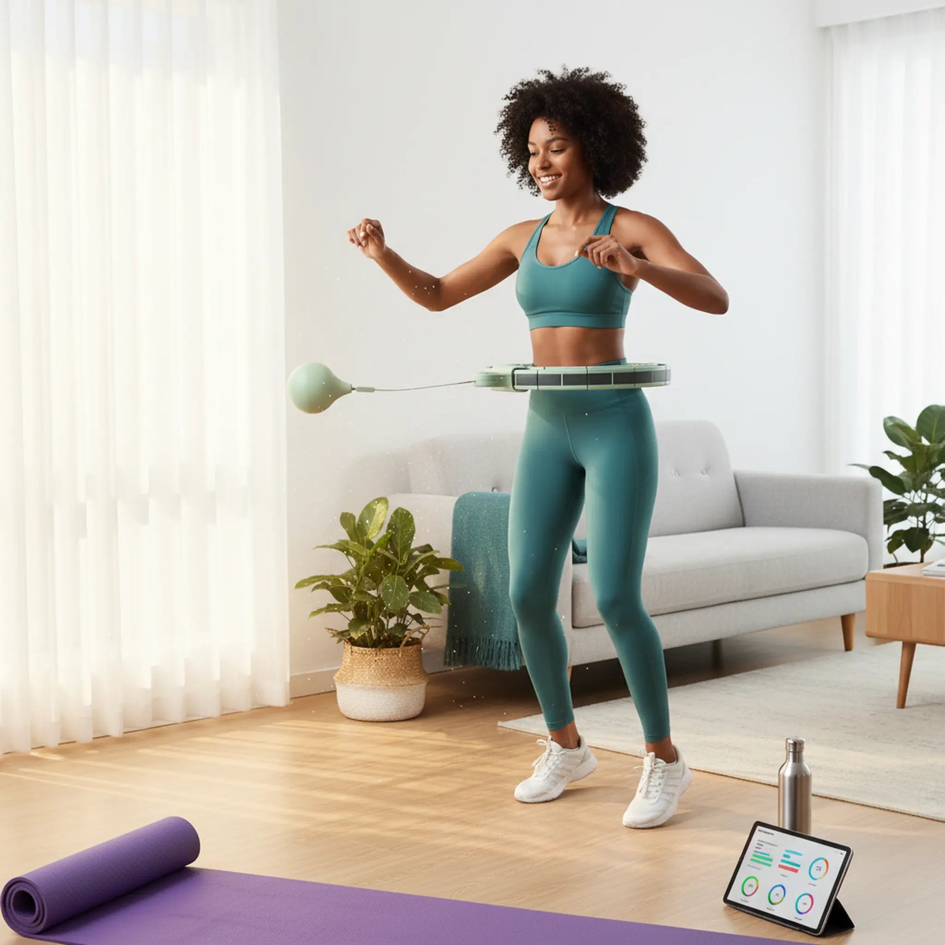 Person using a smart weighted hula hoop at home for low-impact cardio exercise