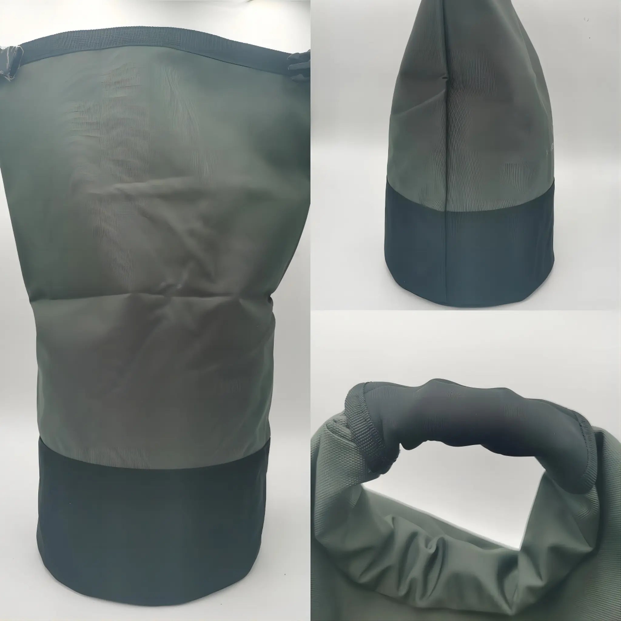 Soft kettlebell showing how to fill with water or sand, roll down, and clip closed