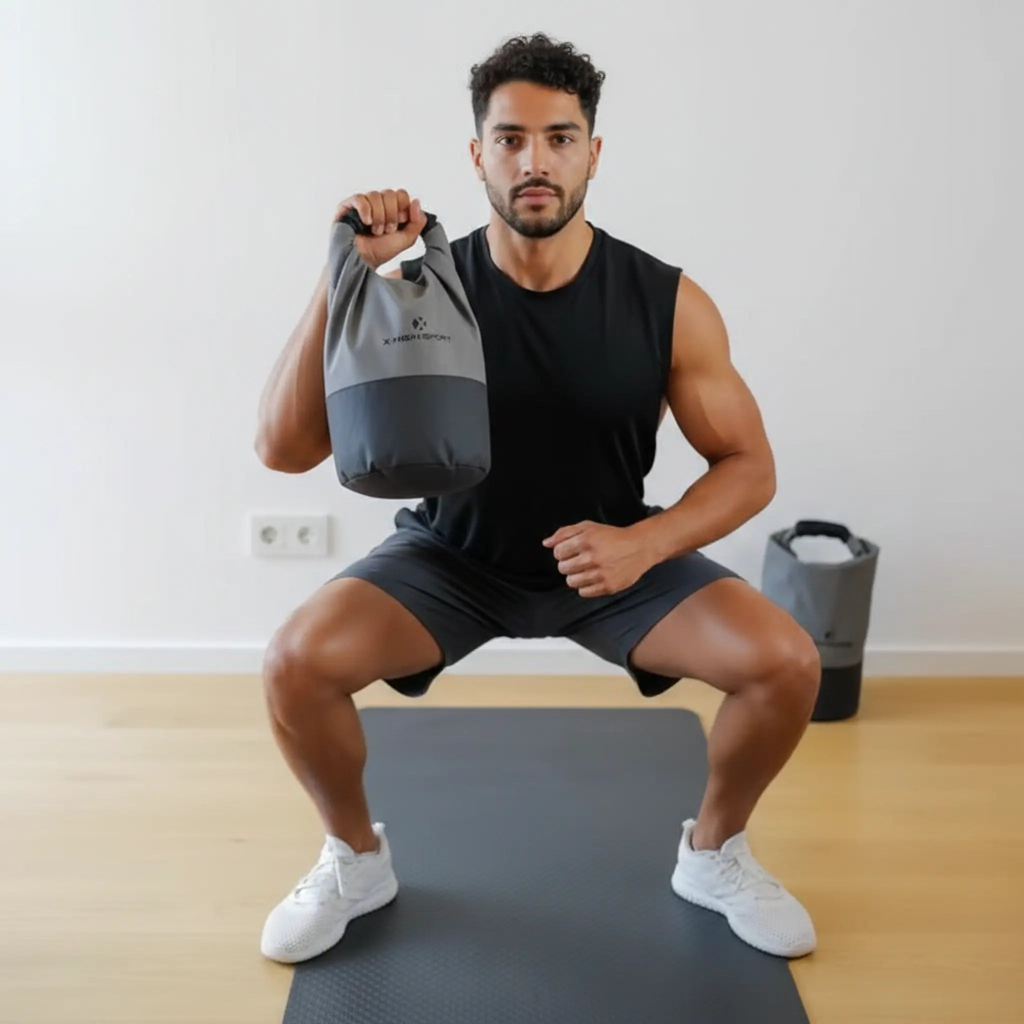 Man performing goblet squat using a soft kettlebell filled with sand at home