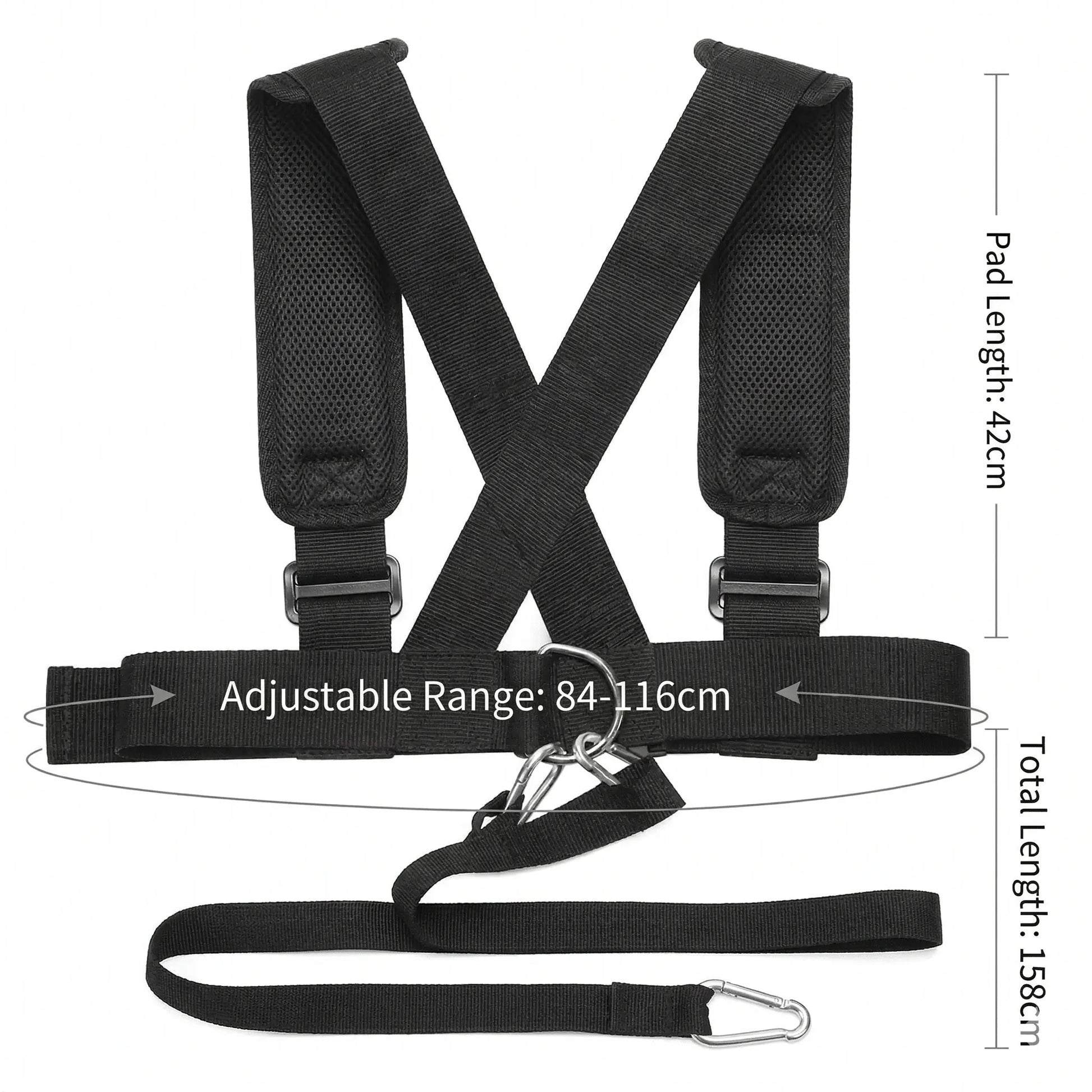 Speed training harness showing adjustable chest range 84–116cm and 158cm tow strap