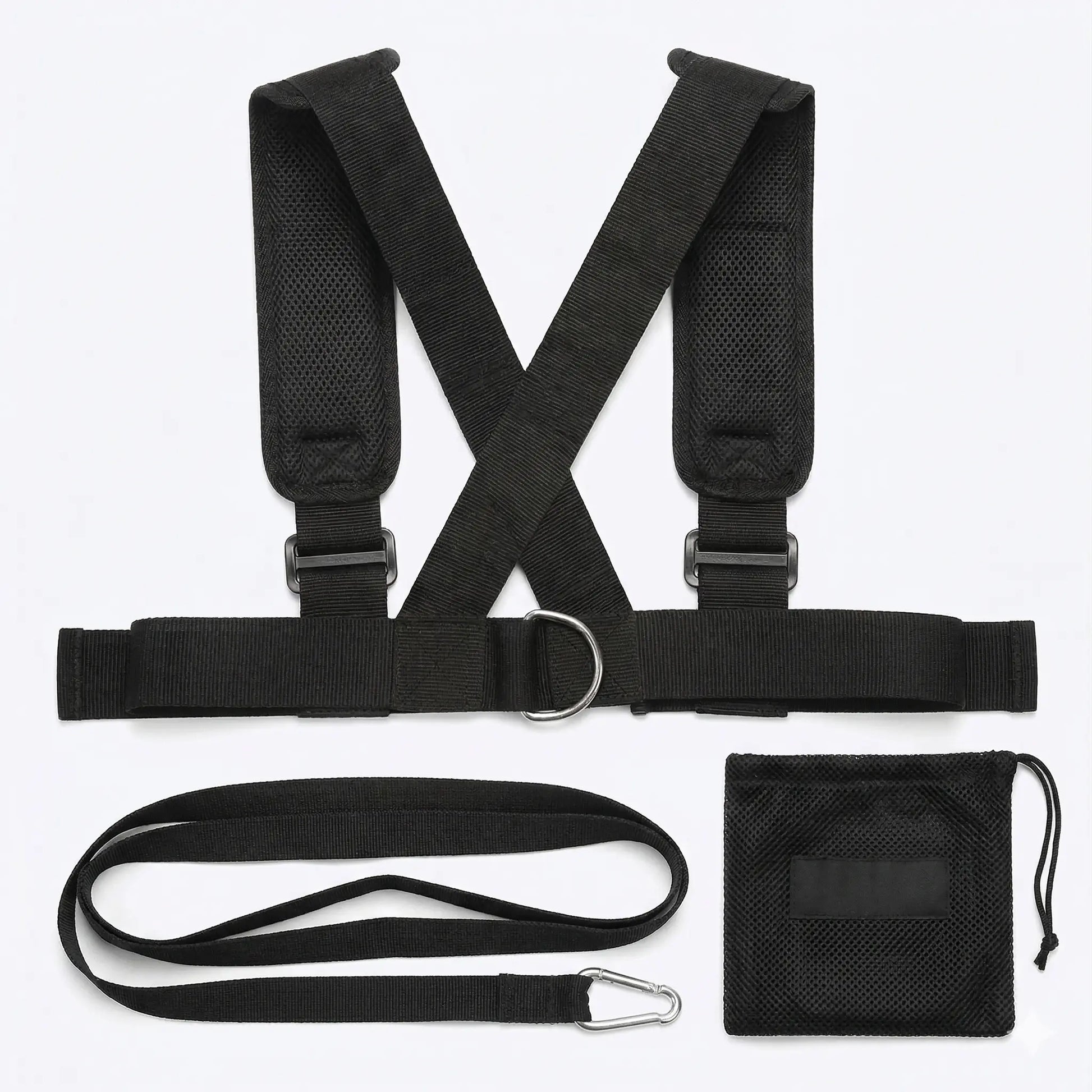 Speed training harness, tow strap, and mesh carry bag laid flat