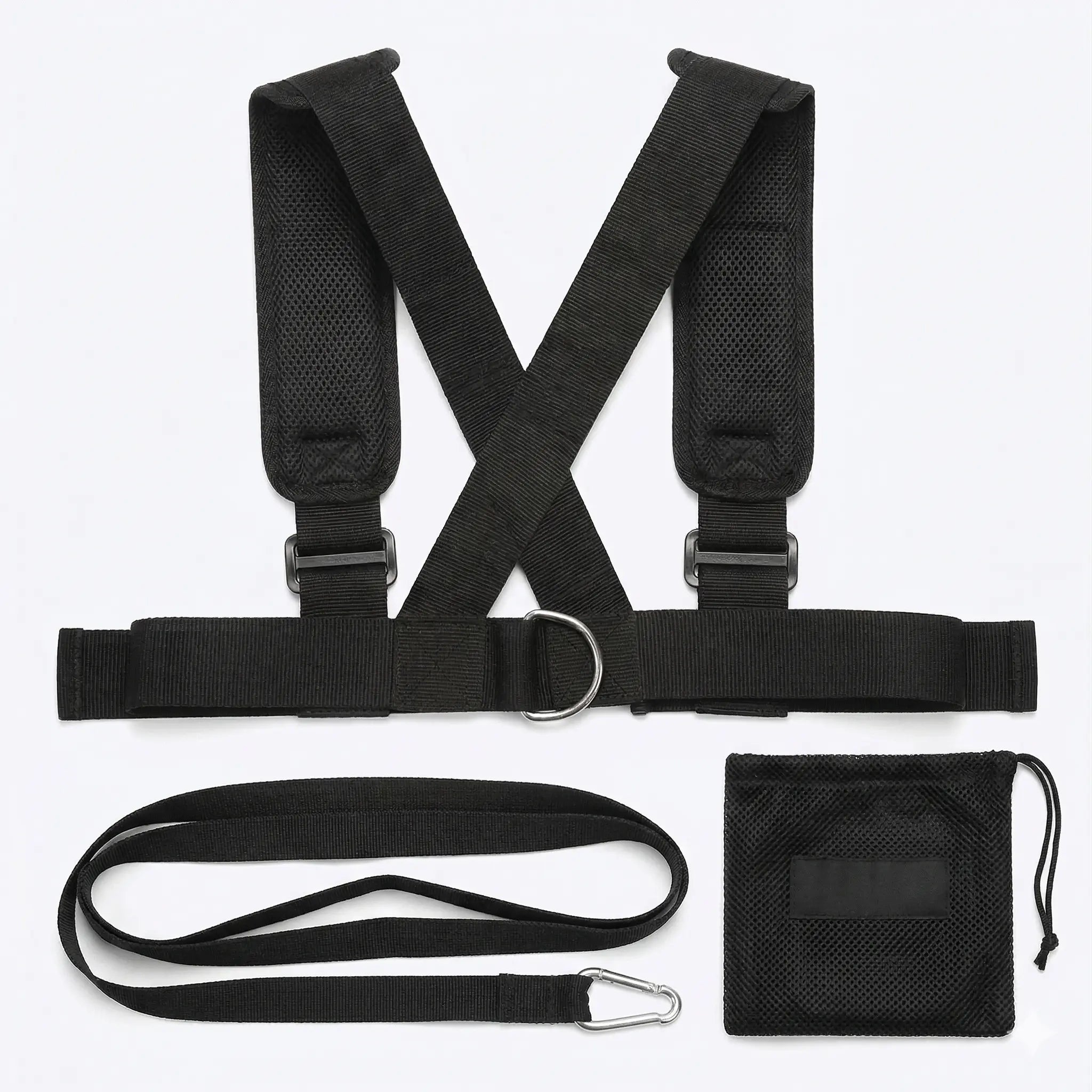 Speed training harness, tow strap, and mesh carry bag laid flat