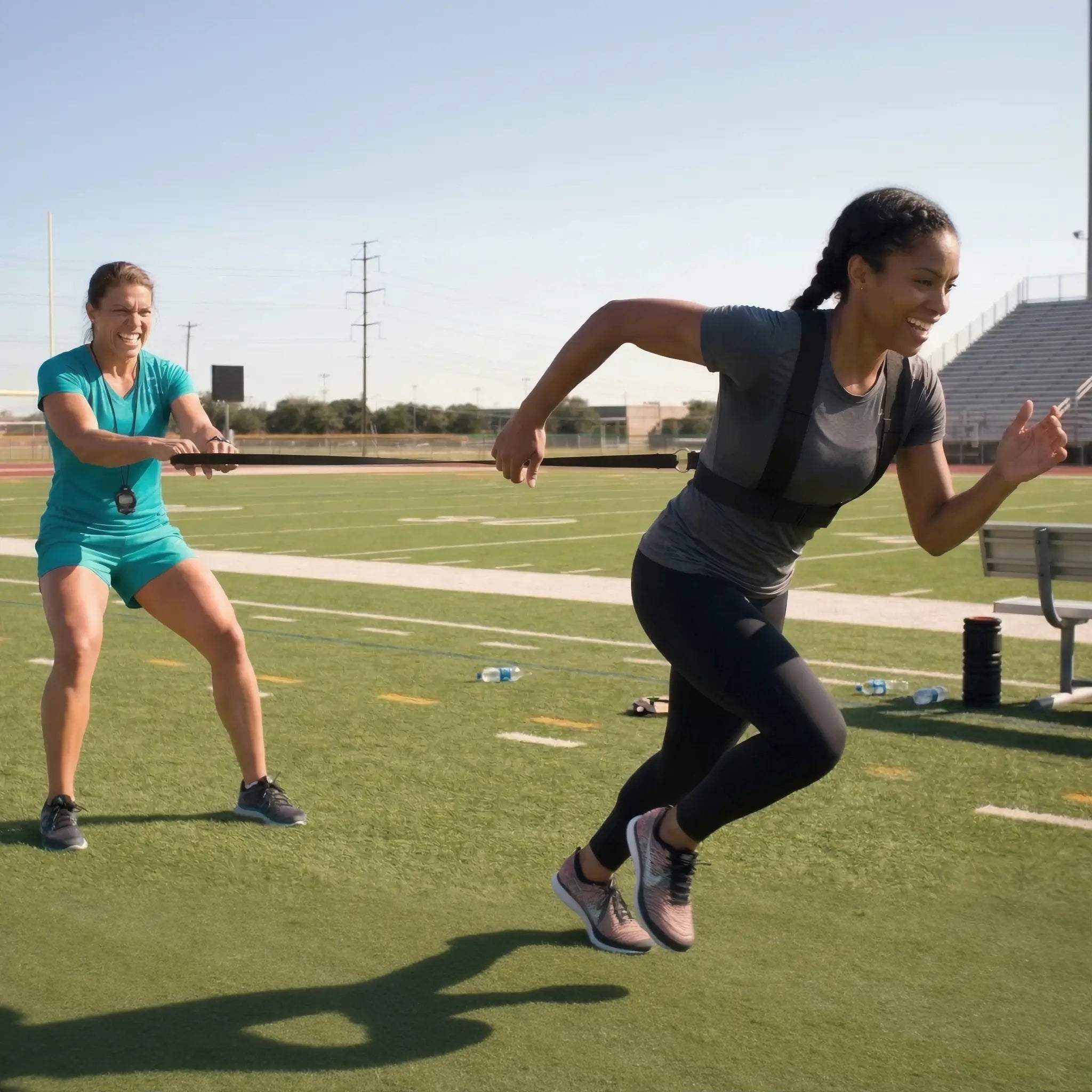 Two athletes using speed training harness for partner resistance sprint work