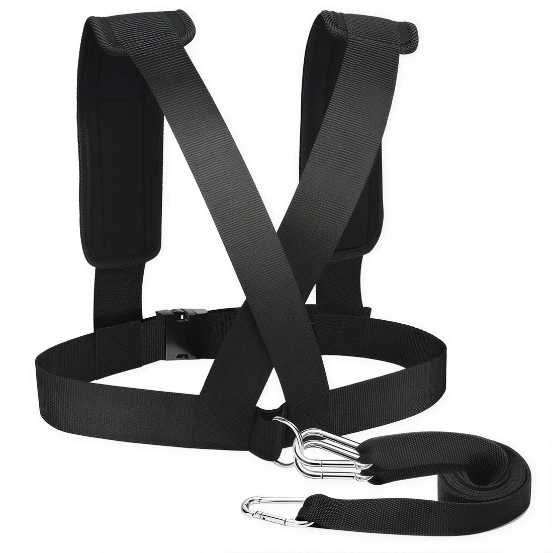 Speed training harness with tow strap and carabiner clips on white background