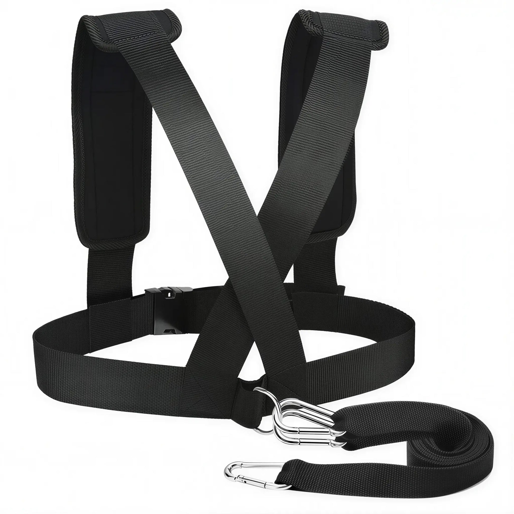 Speed training harness with tow strap and carabiner clips on white background