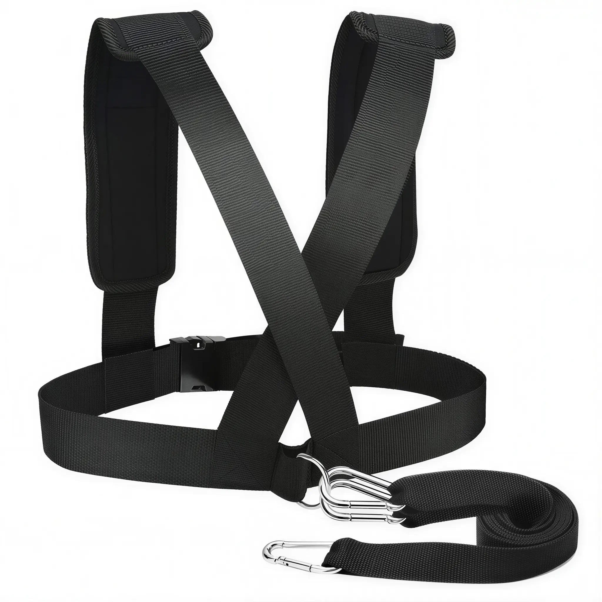 Speed training harness with tow strap and carabiner clips on white background