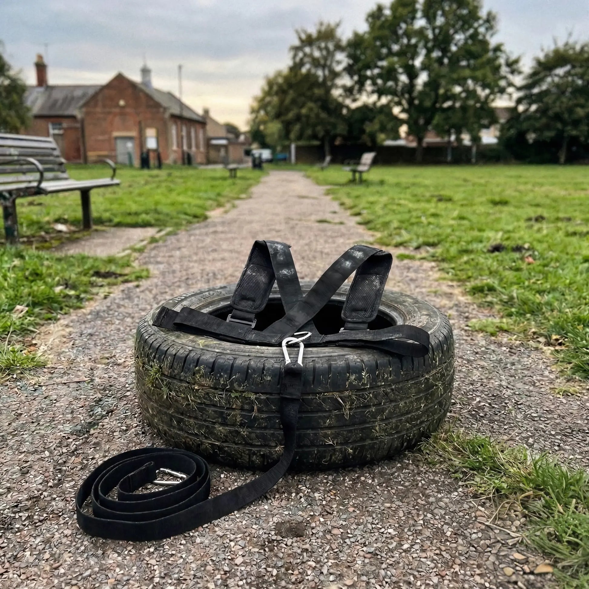 Speed training harness attached to tyre in park setting