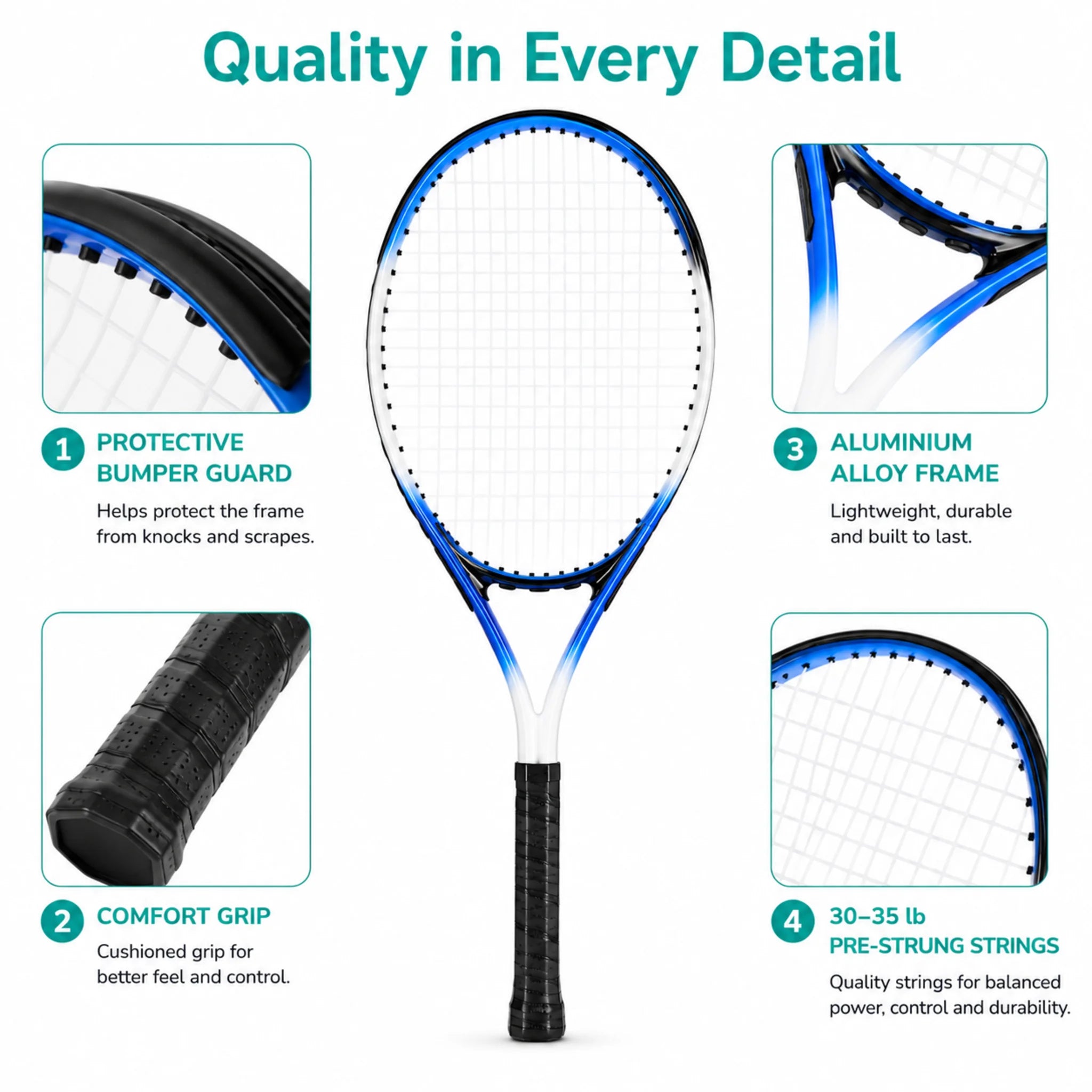 Close-up of the standard tennis racket showing aluminium alloy frame, bumper guard, grip and pre-strung strings