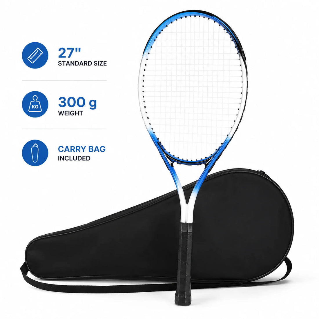 Standard tennis racket with protective carry bag on a white background