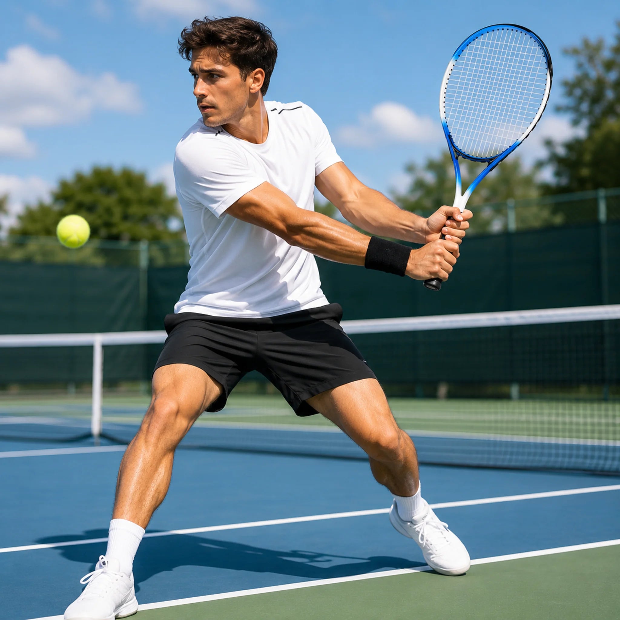 Player using the standard tennis racket on an outdoor tennis court