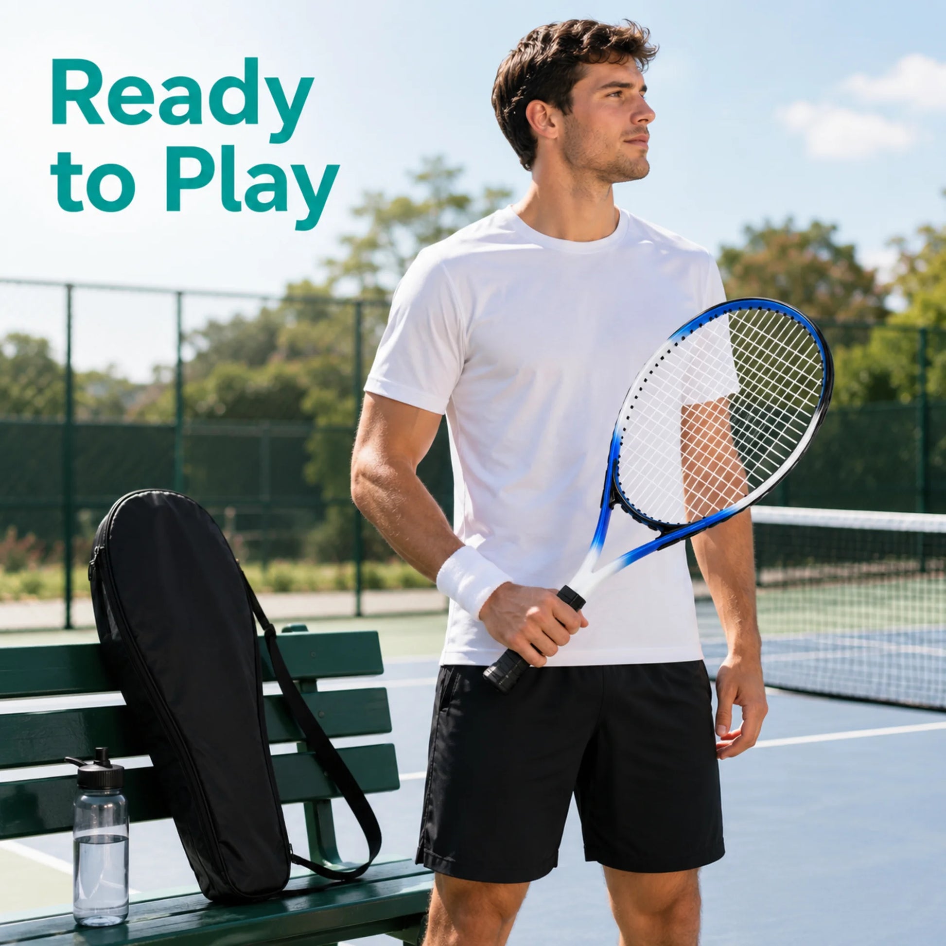 Player holding the standard tennis racket with the included carry bag at an outdoor tennis court