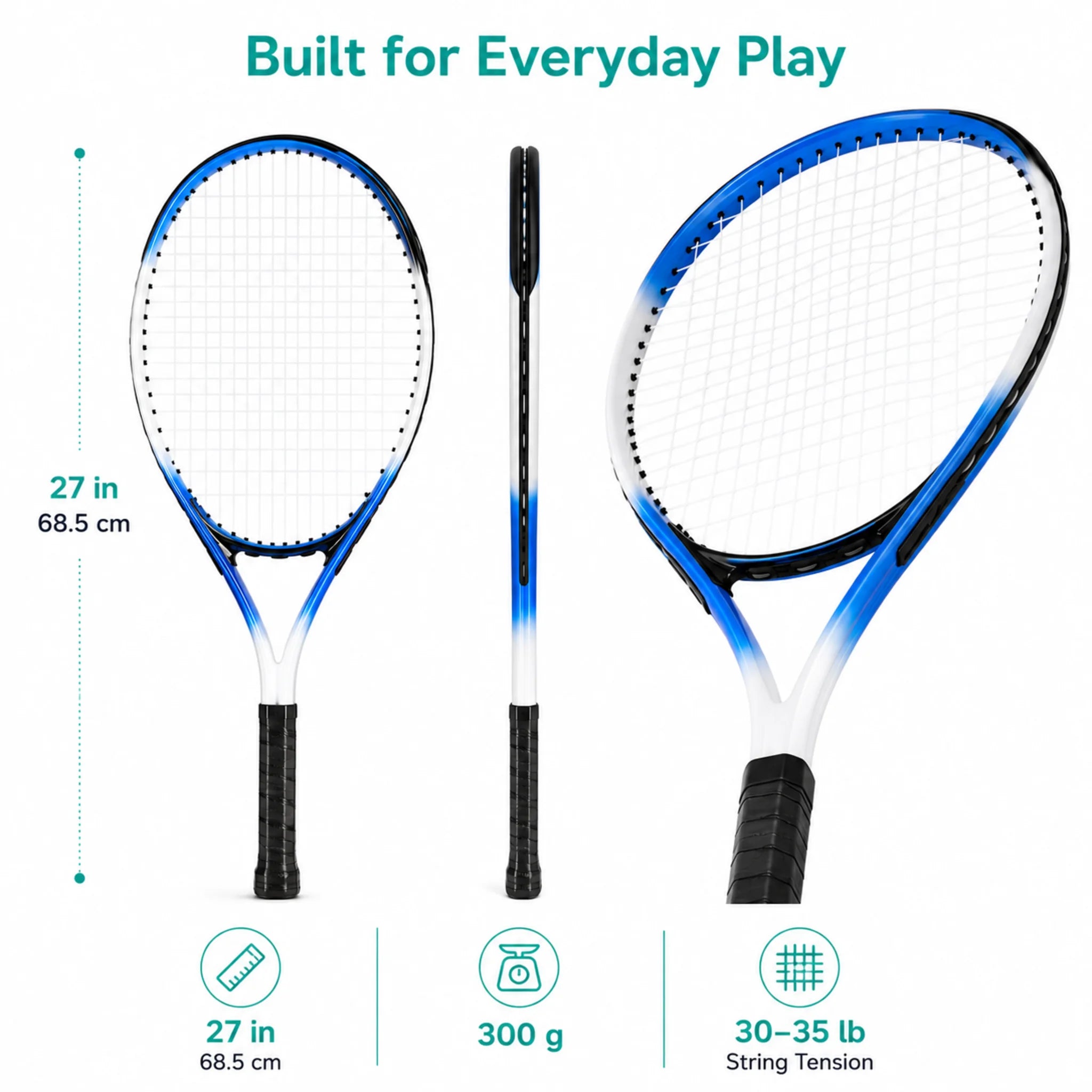 Standard tennis racket showing dimensions, weight and string tension