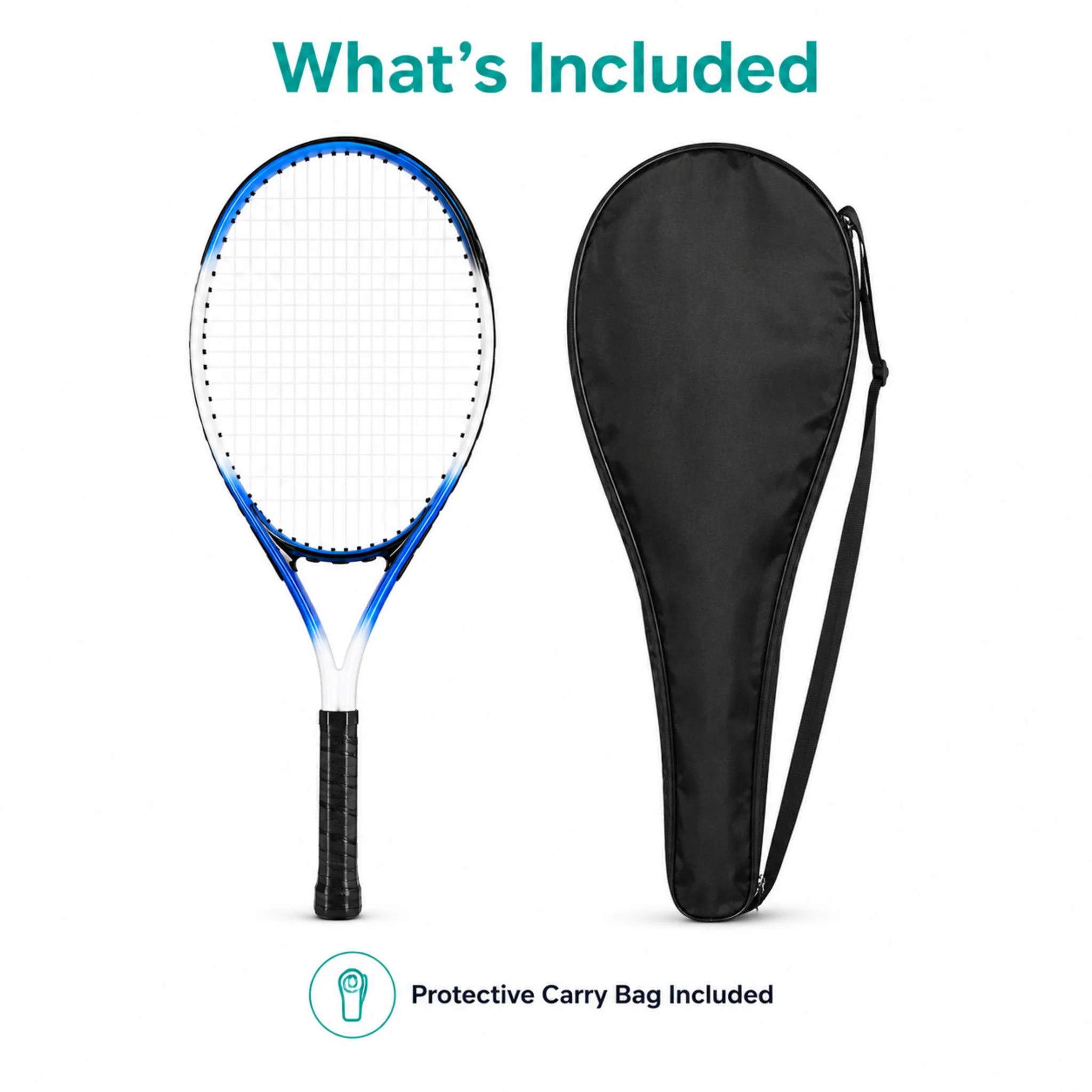 Standard tennis racket with protective carry bag included