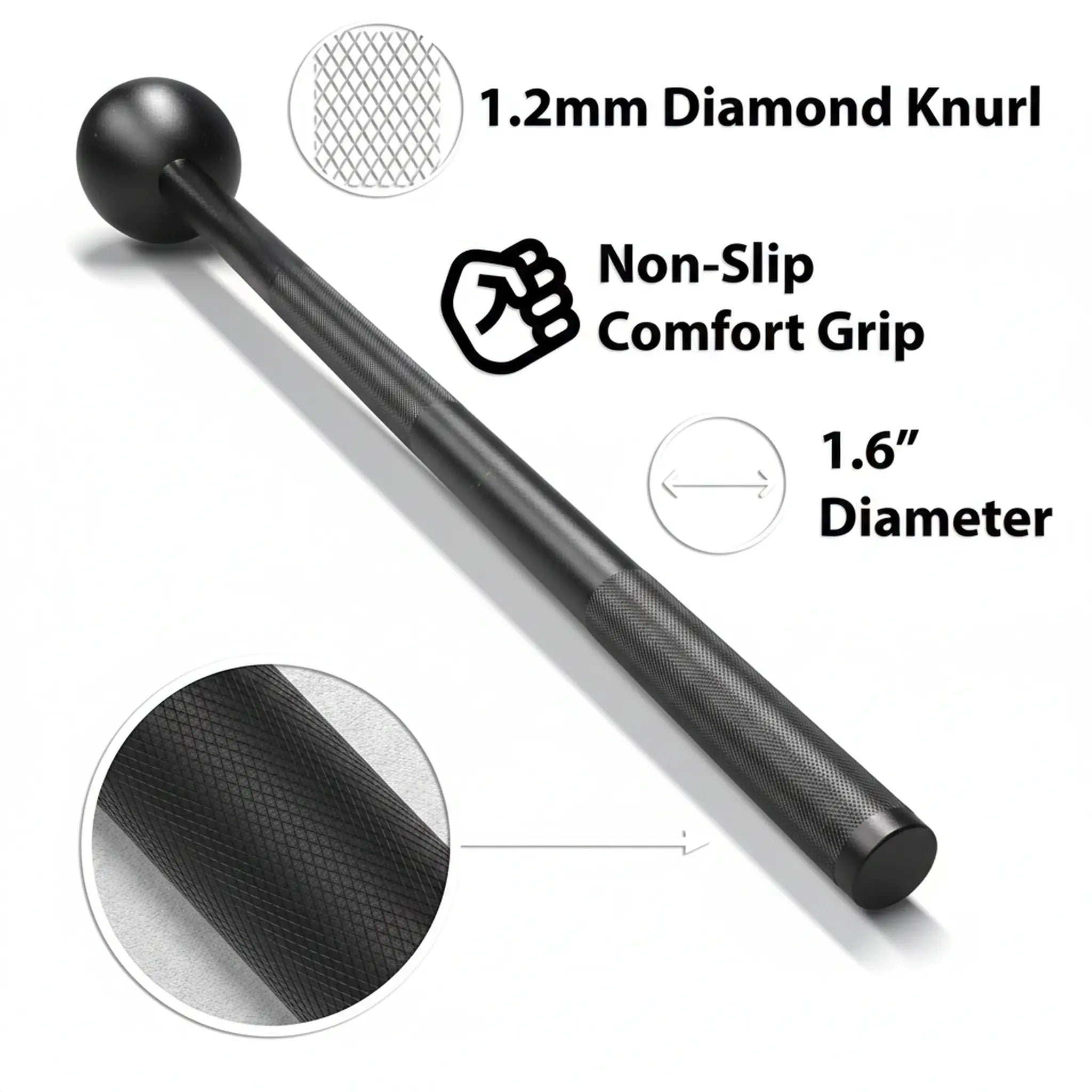 Close-up of steel mace knurled handle showing non-slip grip texture