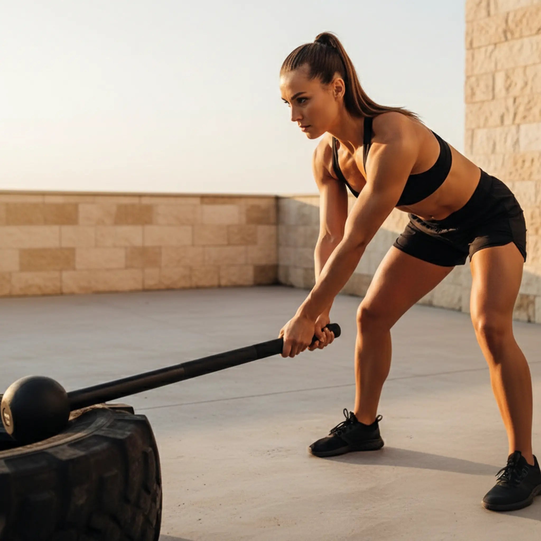 Steel mace used for leverage-based strength training with tyre