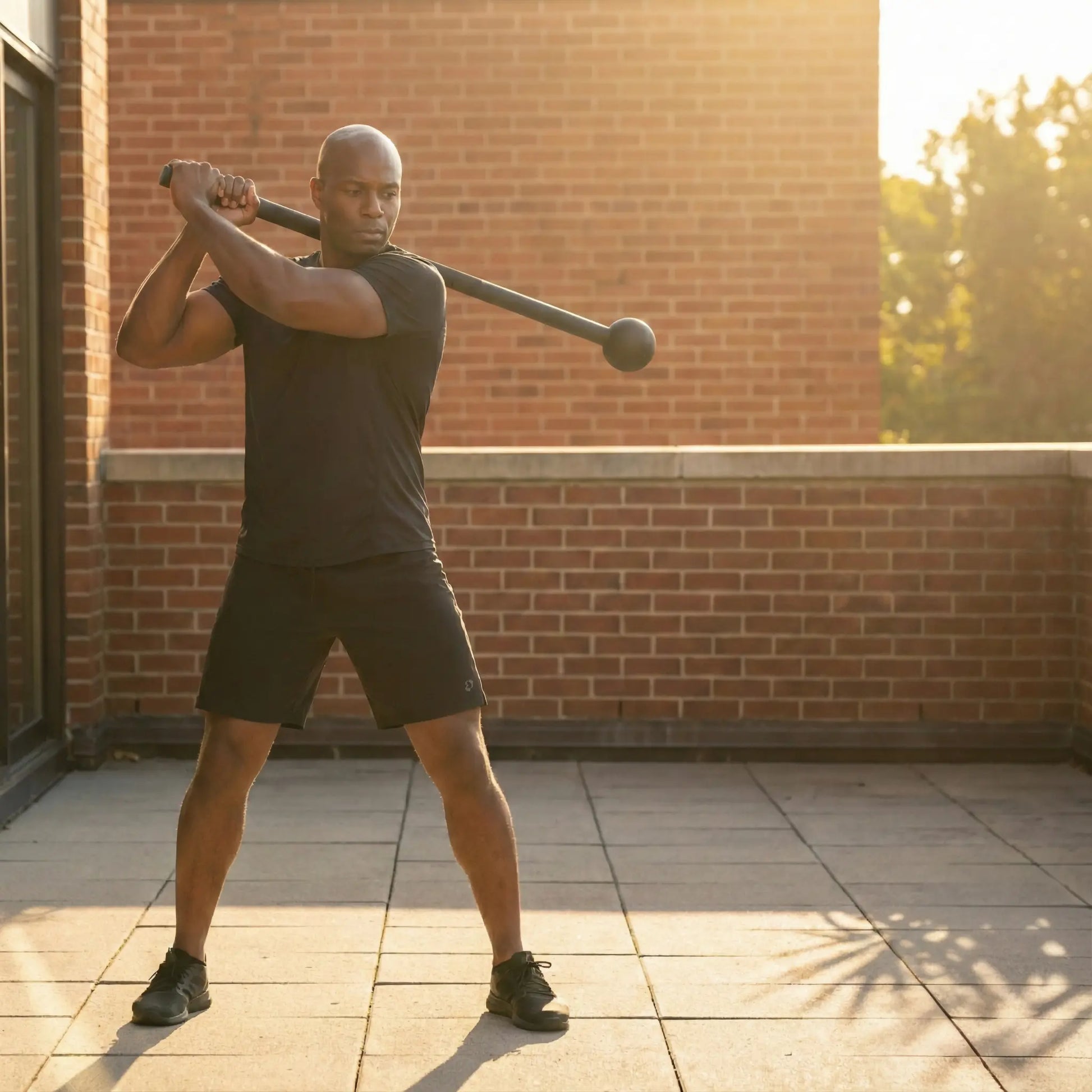 Steel mace rotational swing exercise demonstrating full-body power