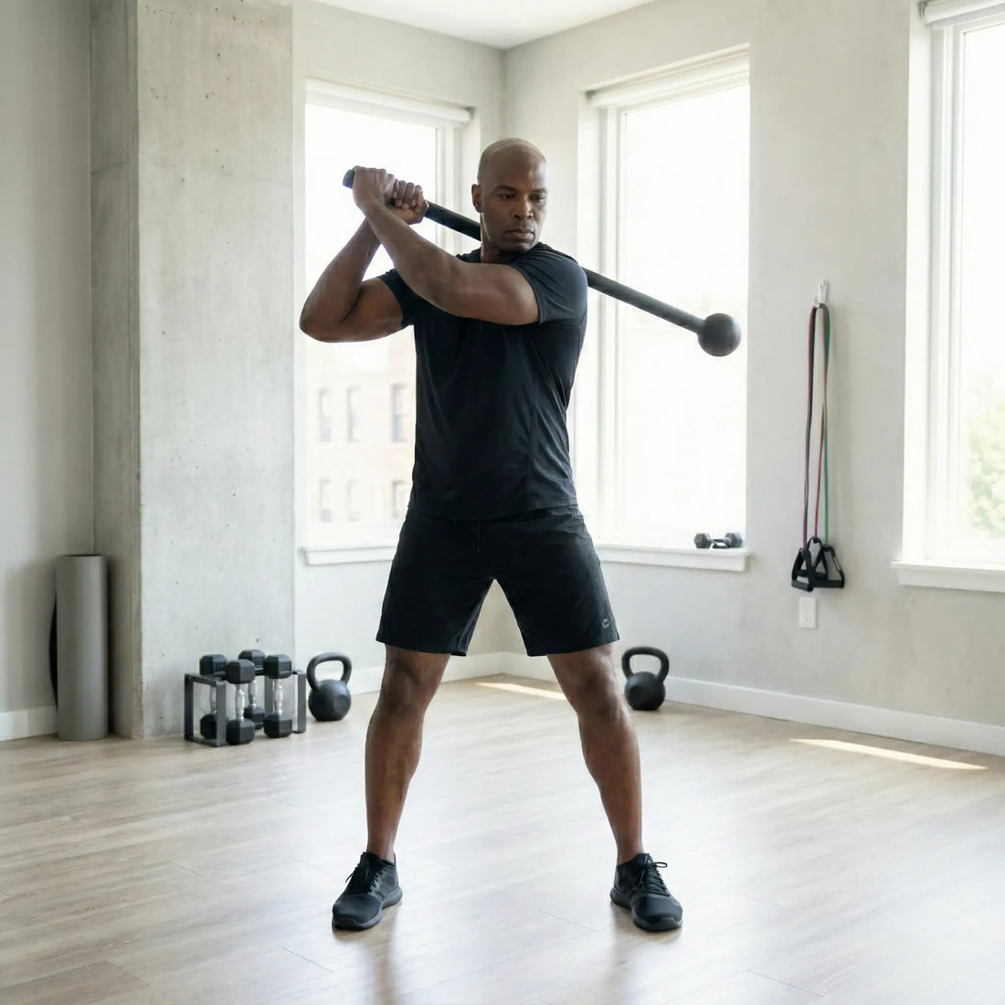 Cast iron steel mace with knurled grip for rotational strength training