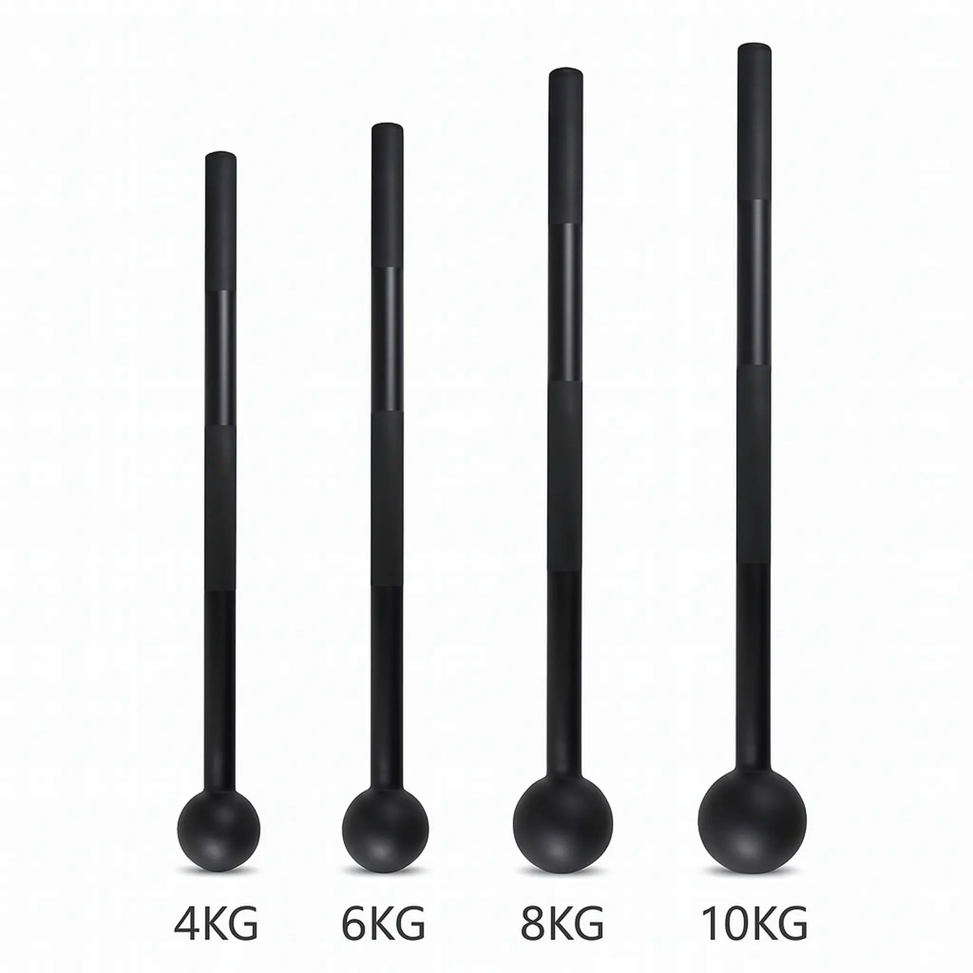 Steel mace size and weight comparison showing 4kg, 6kg, 8kg and 10kg options