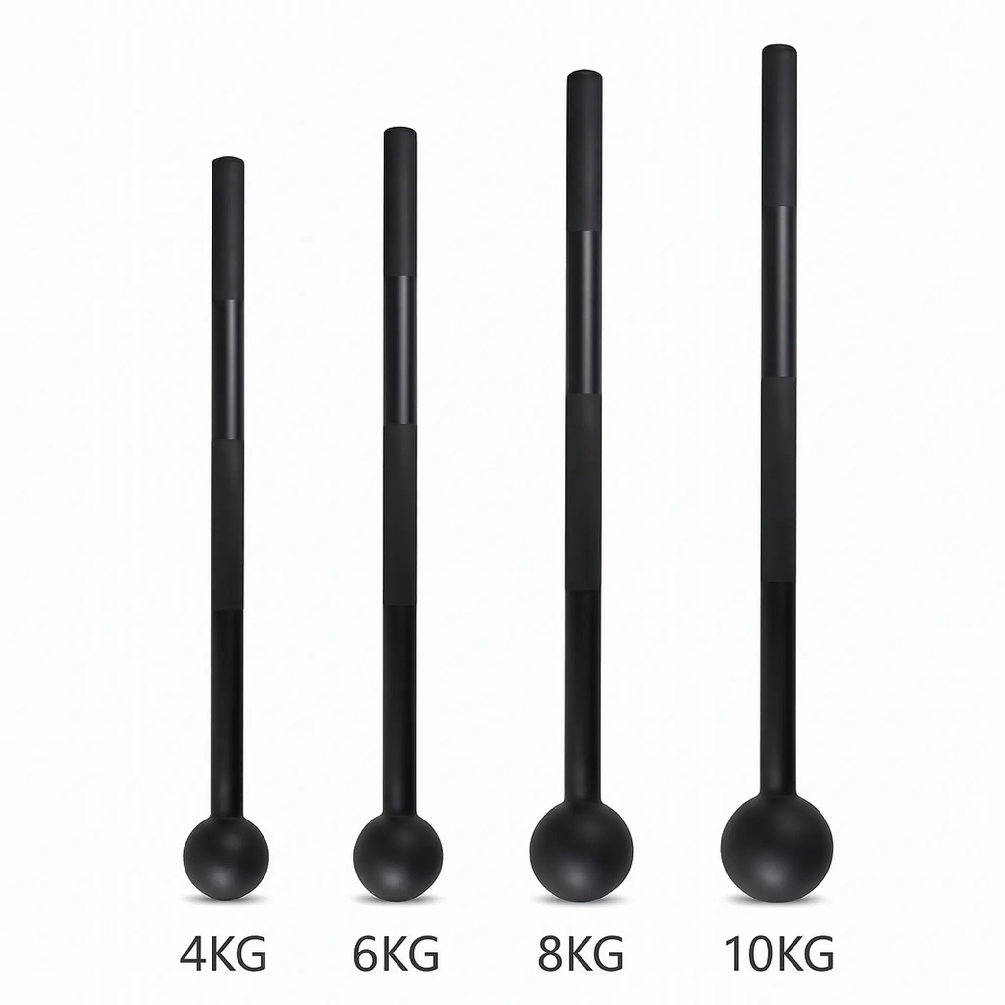 Steel mace size and weight comparison showing 4kg, 6kg, 8kg and 10kg options