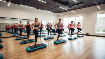 Mixed group performing rhythmic step training in a studio class