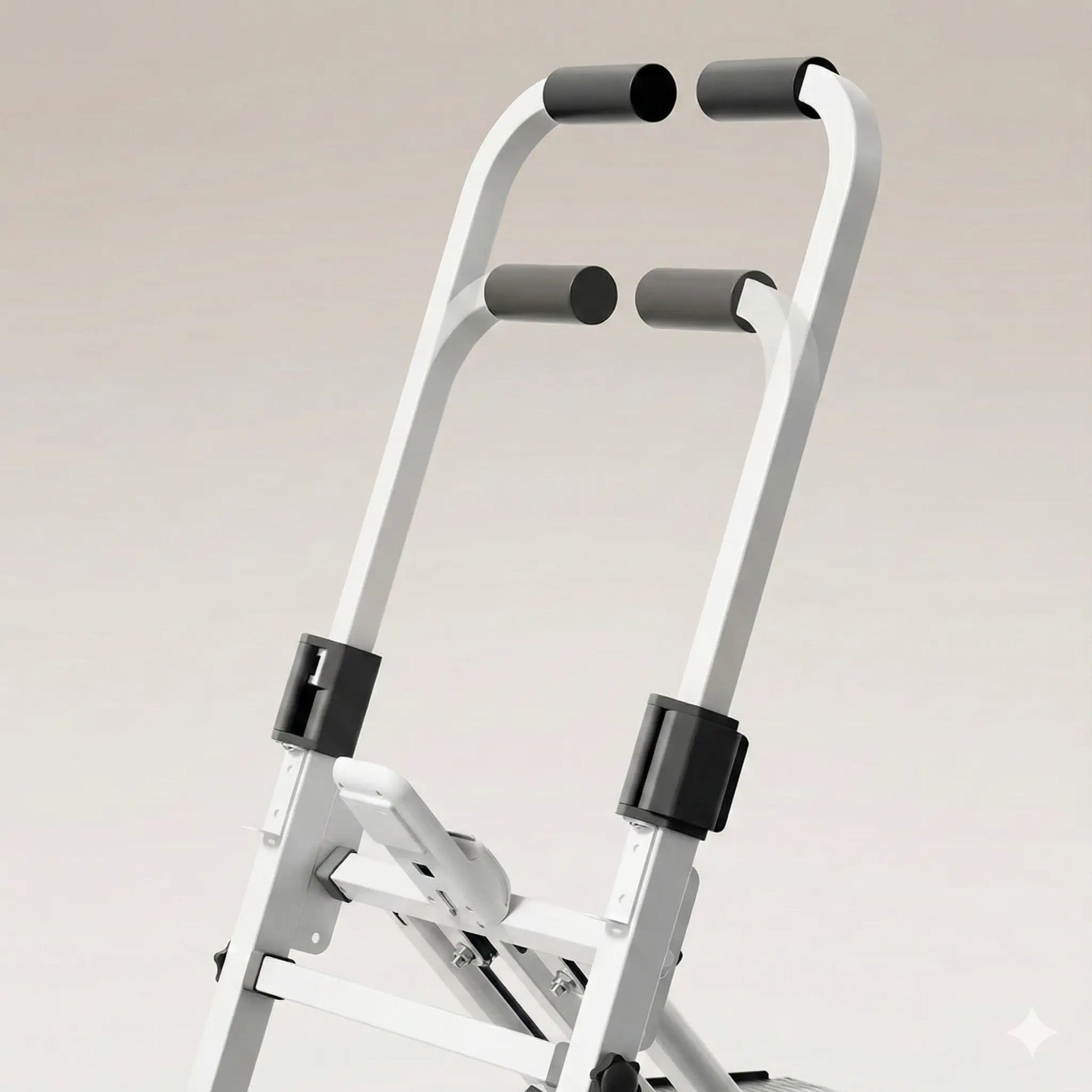 Adjustable handlebar system on the foldable stepper machine, showing sliding height mechanism.