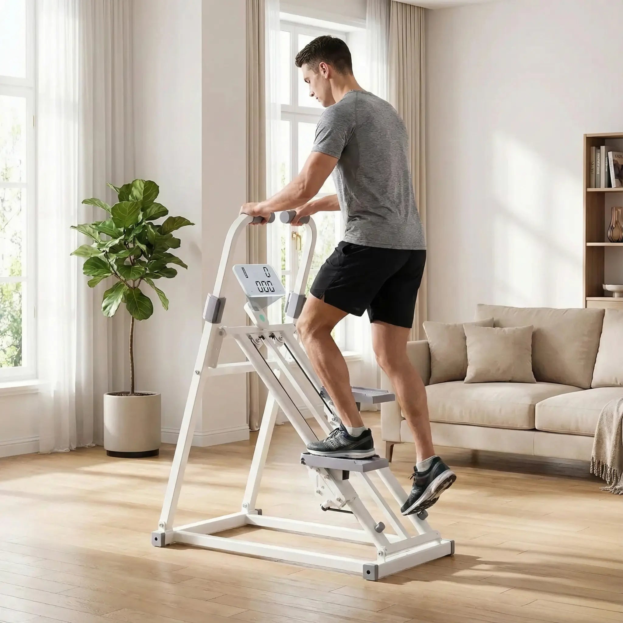 Man using the white stepper machine in a bright living room, mid-step.