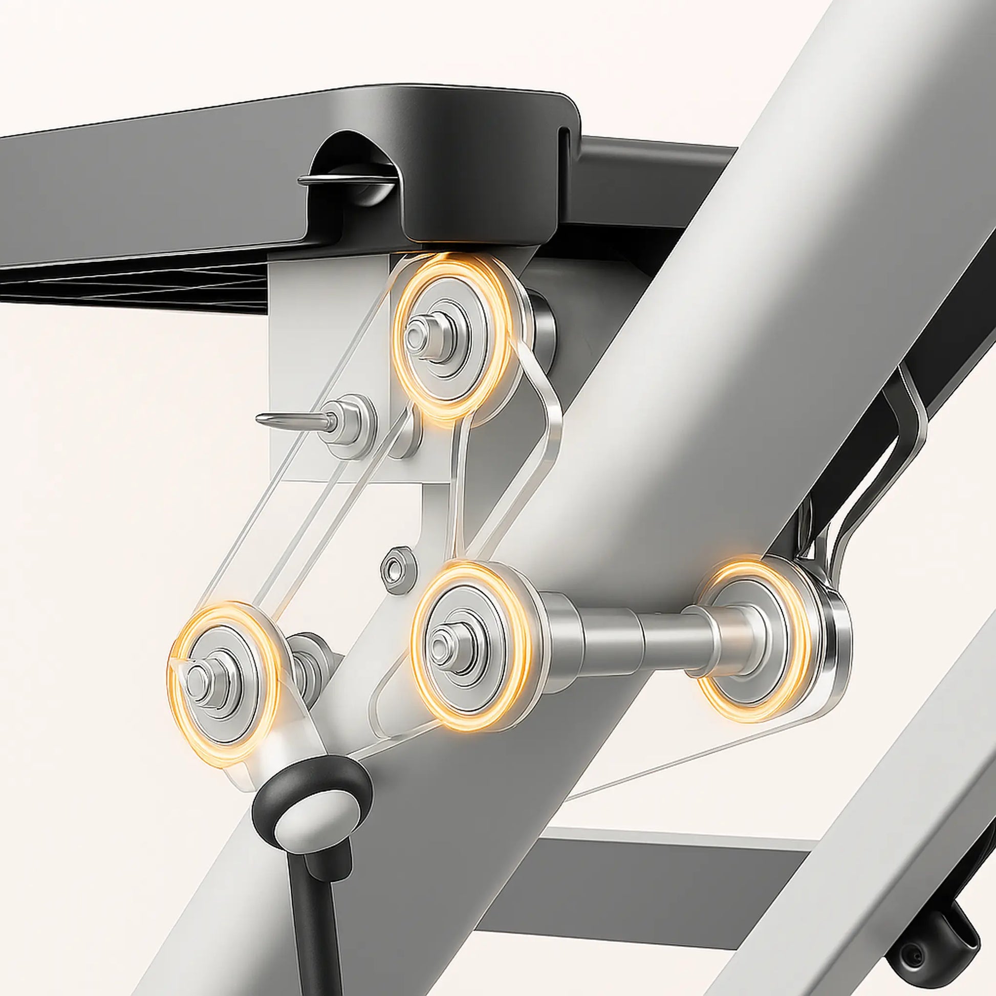 Close-up of the stepper’s roller and linkage system showing smooth engineering.
