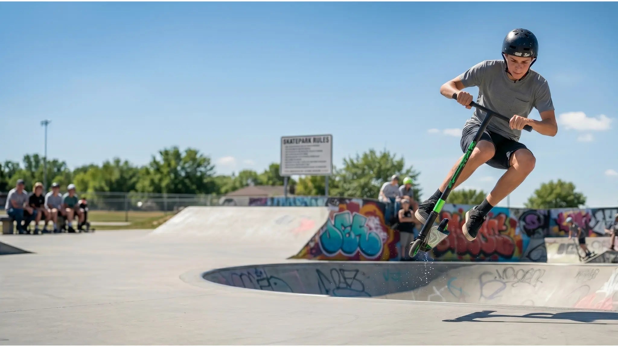 Rider performing a bowl trick on a pro stunt scooter at a skatepark, wearing a helmet, with graffiti ramps and spectators in the background