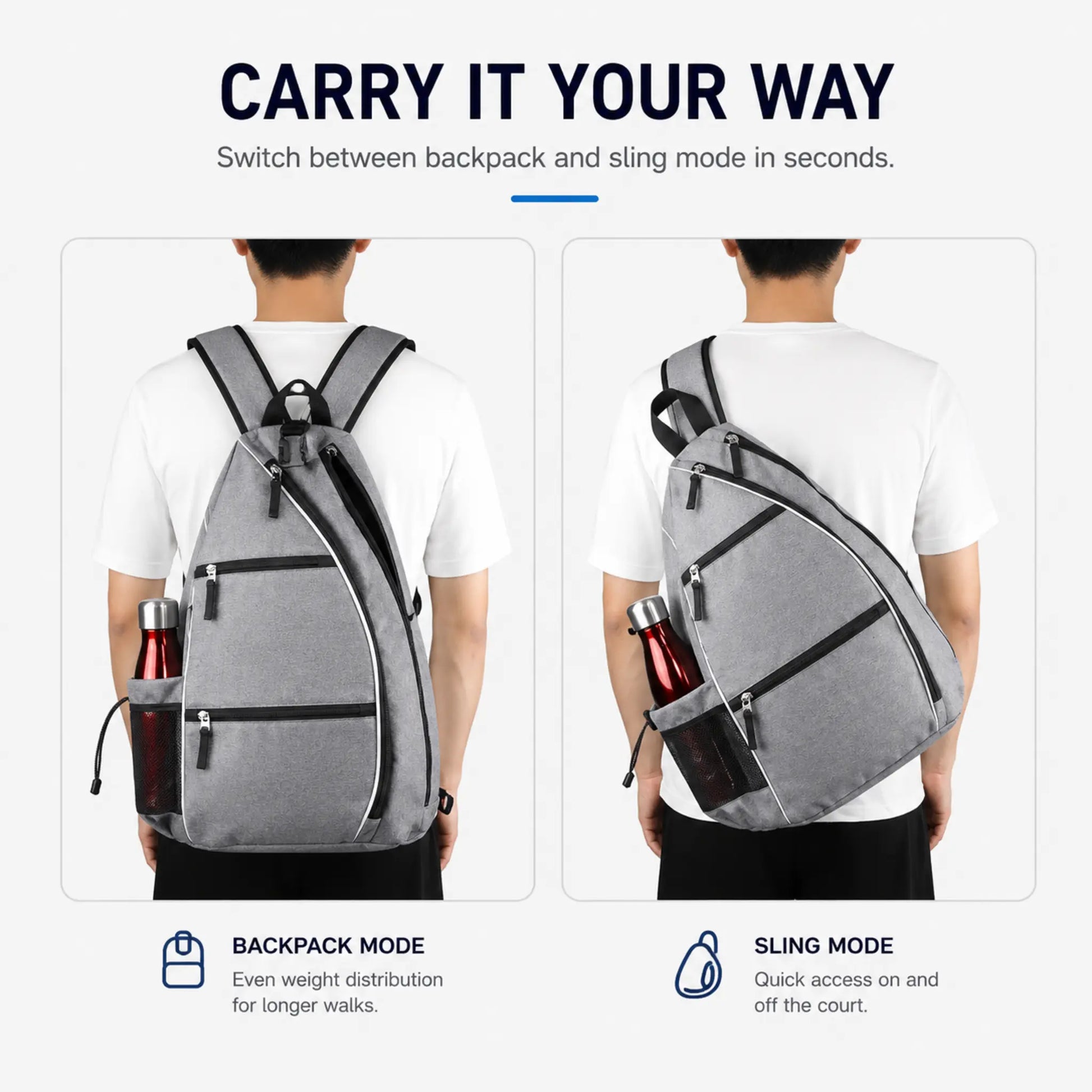 Convertible tennis and pickleball backpack shown in backpack and sling carry modes