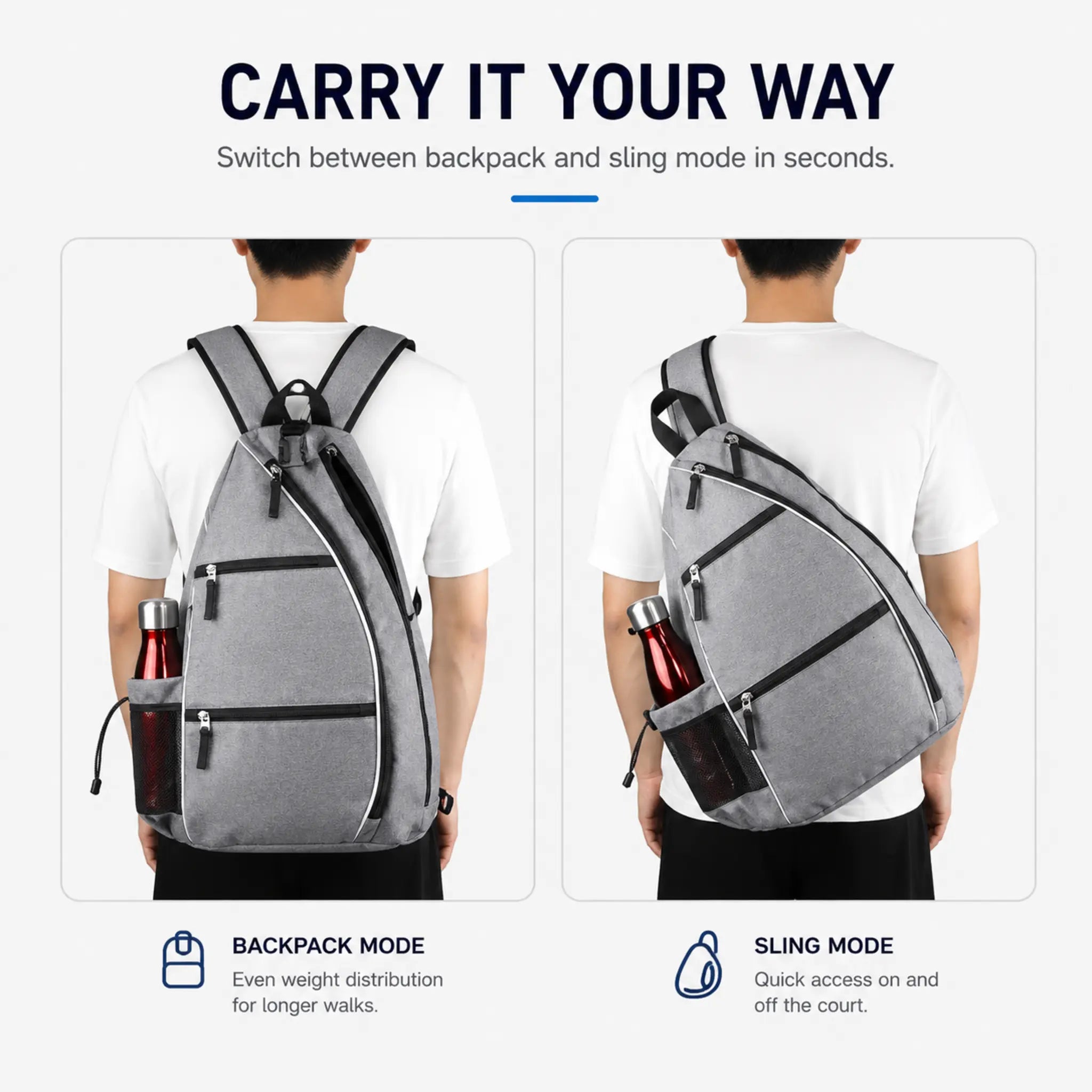 Convertible tennis and pickleball backpack shown in backpack and sling carry modes