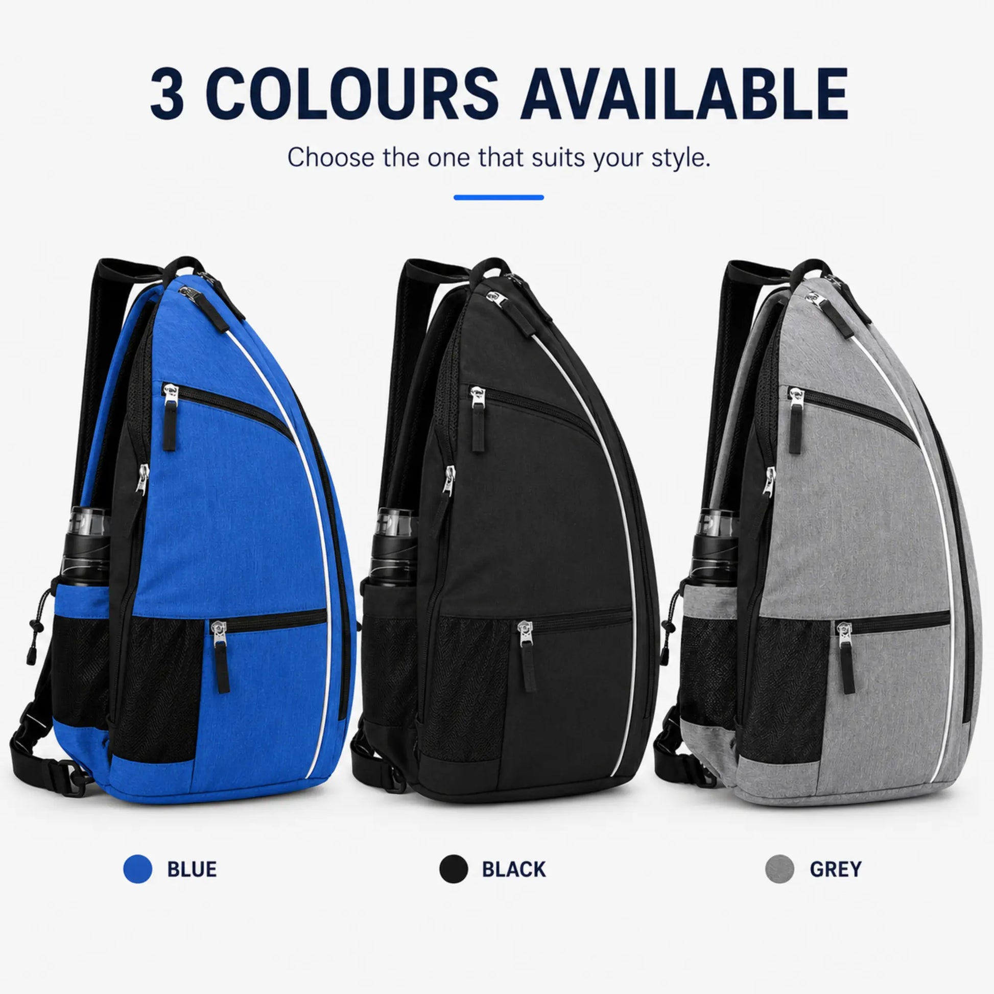 Tennis and pickleball sling backpack available in blue, black and grey