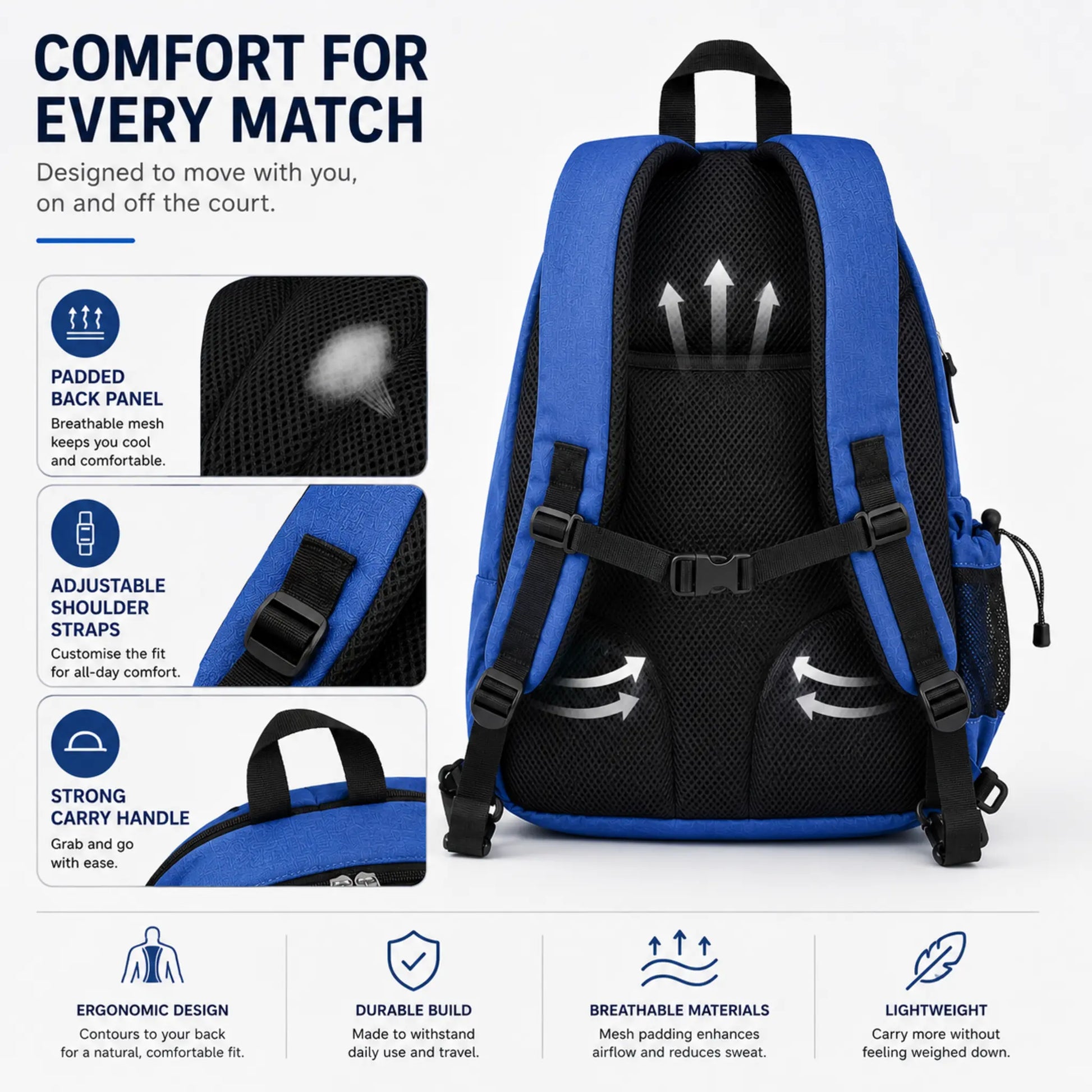 Breathable padded back panel and adjustable straps on the tennis and pickleball sling backpack