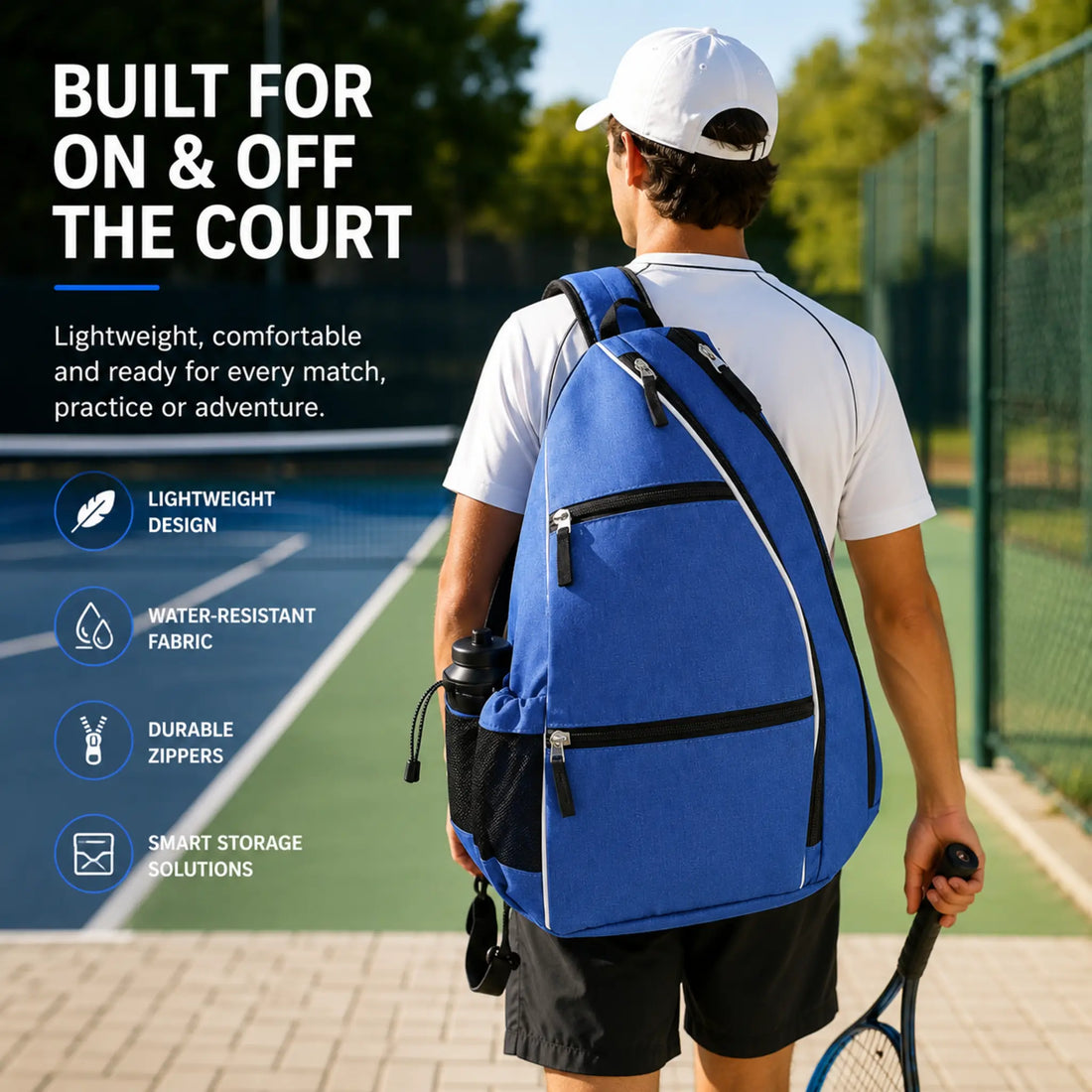 Blue tennis and pickleball sling backpack with padded racket compartment