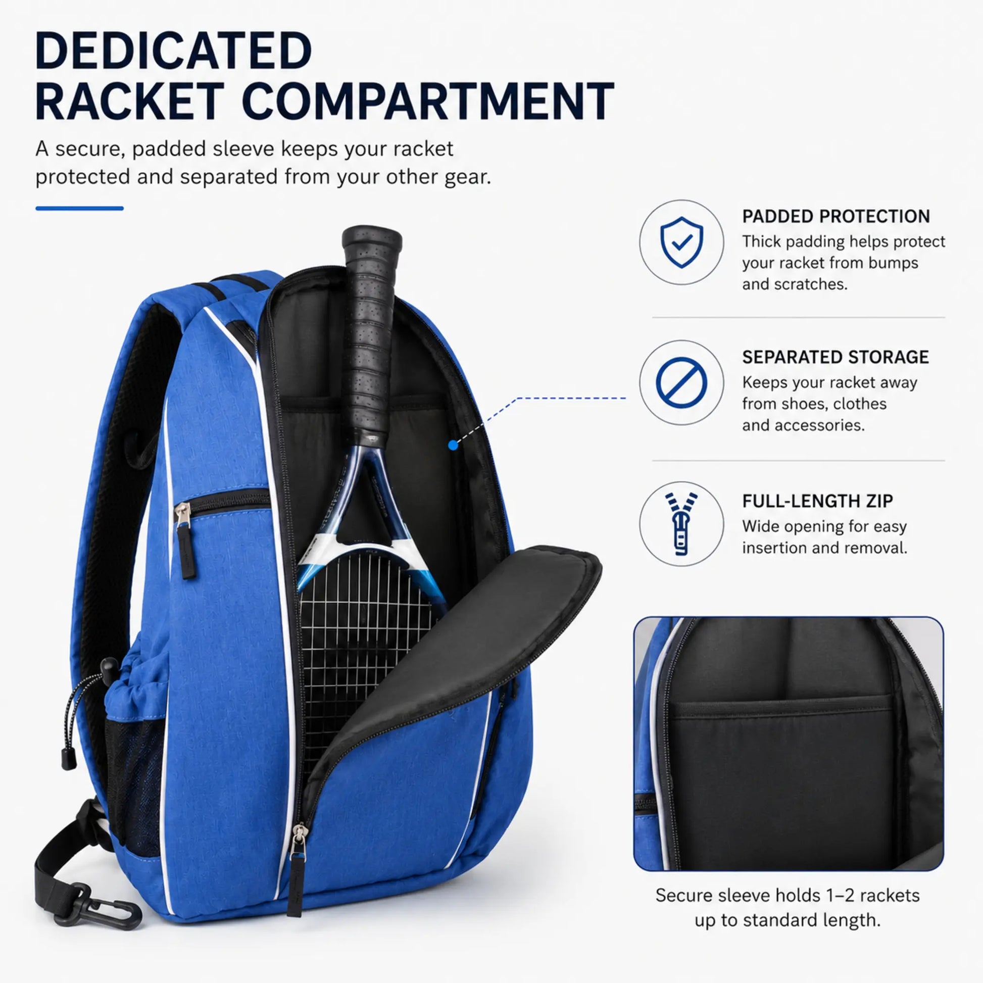 Padded racket compartment inside the tennis and pickleball sling backpack