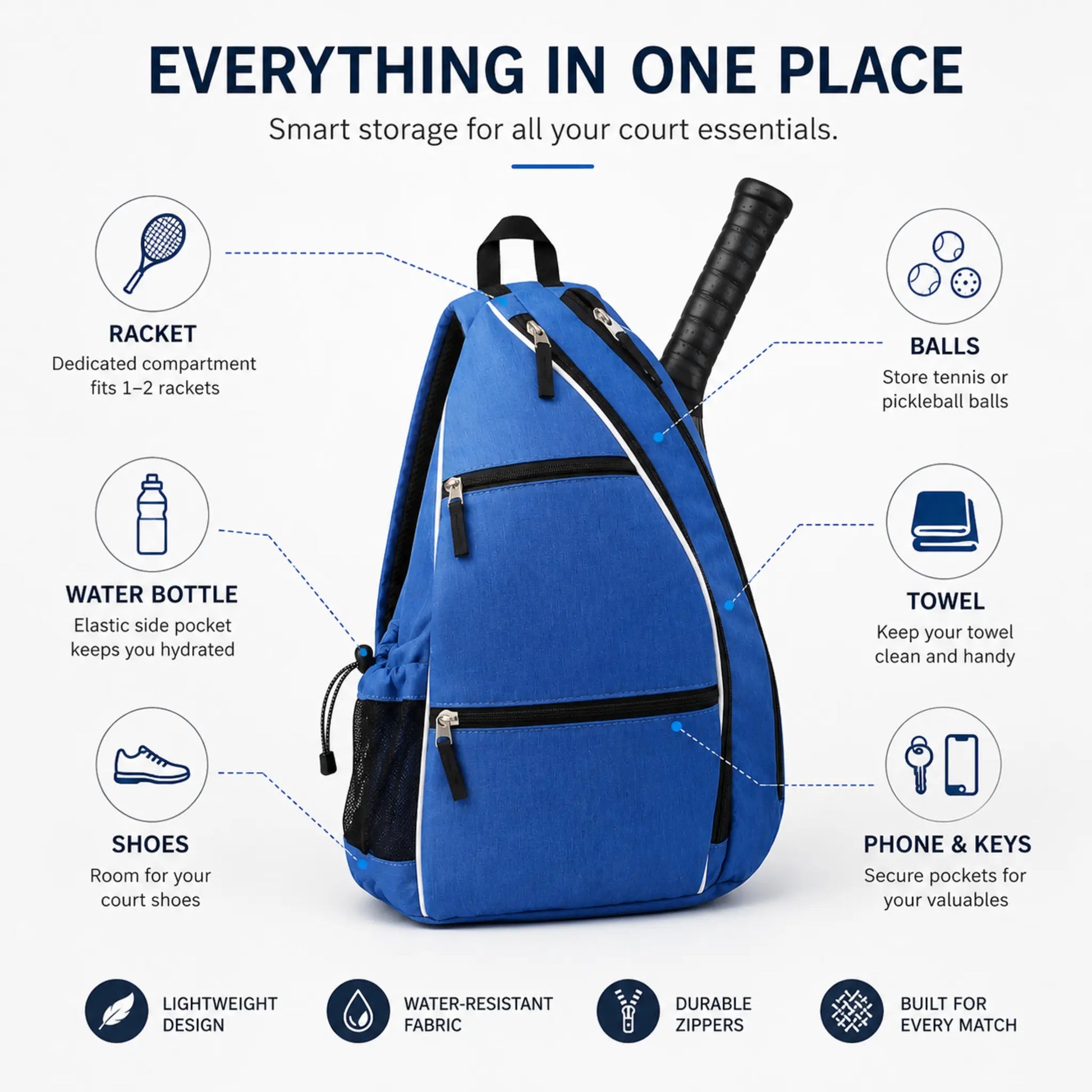 Tennis and pickleball sling backpack showing organised storage compartments for rackets, balls and accessories