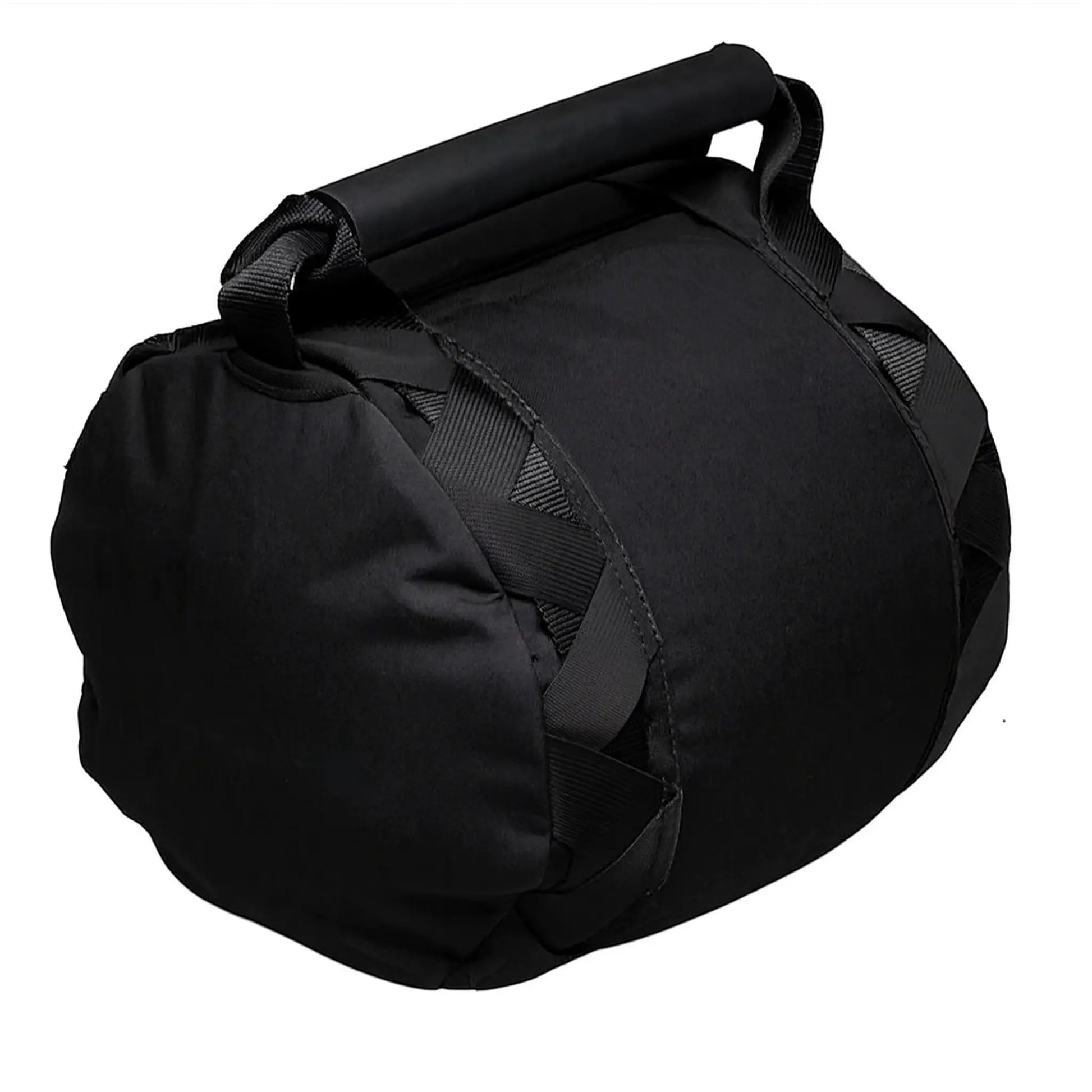 Angled view of throwing sandbag showing compact shape and carry handles