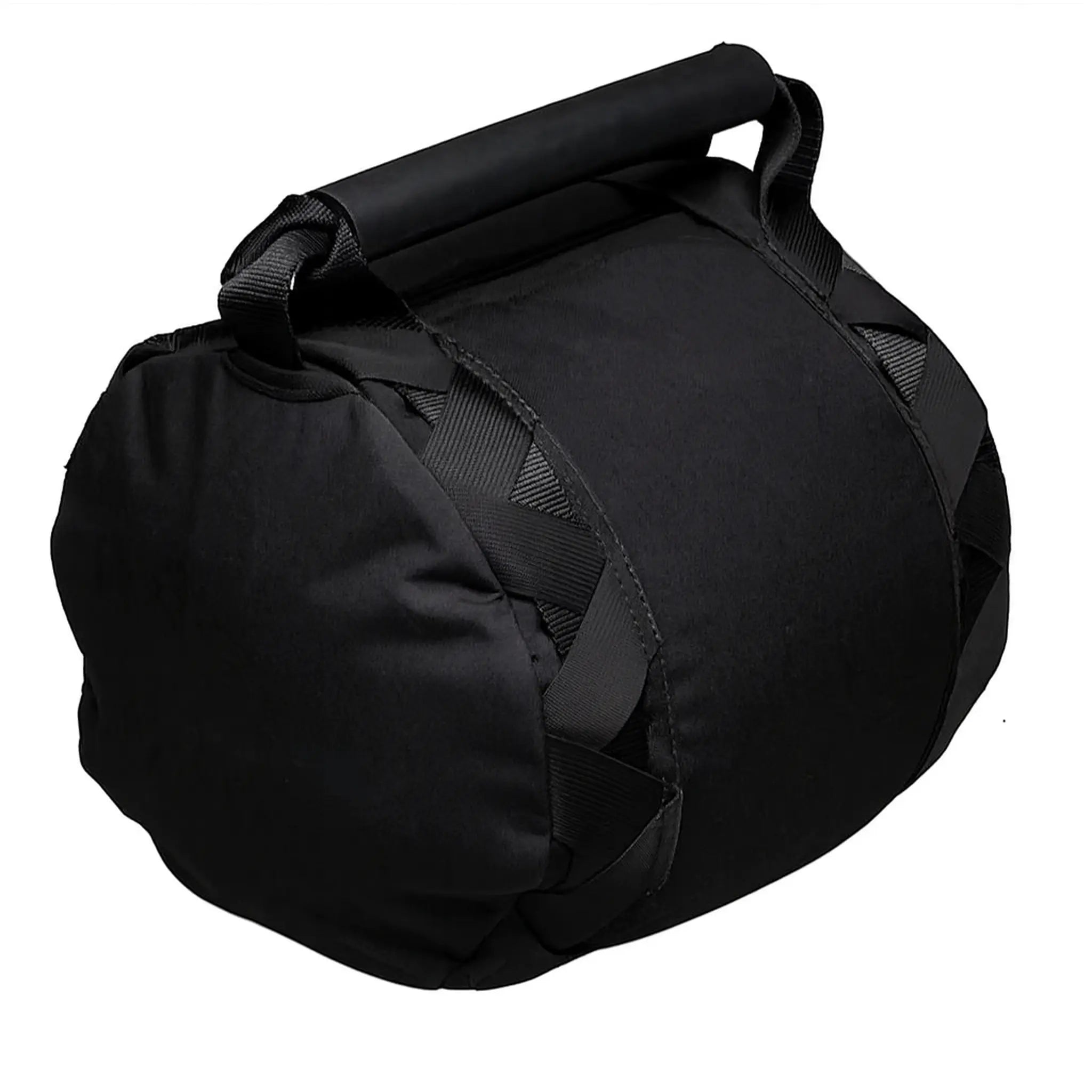 Angled view of throwing sandbag showing compact shape and carry handles