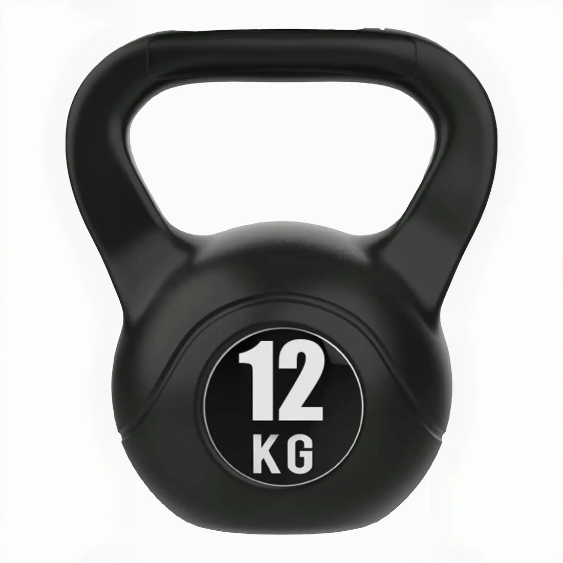 Black vinyl coated kettlebell with wide handle and flat base
