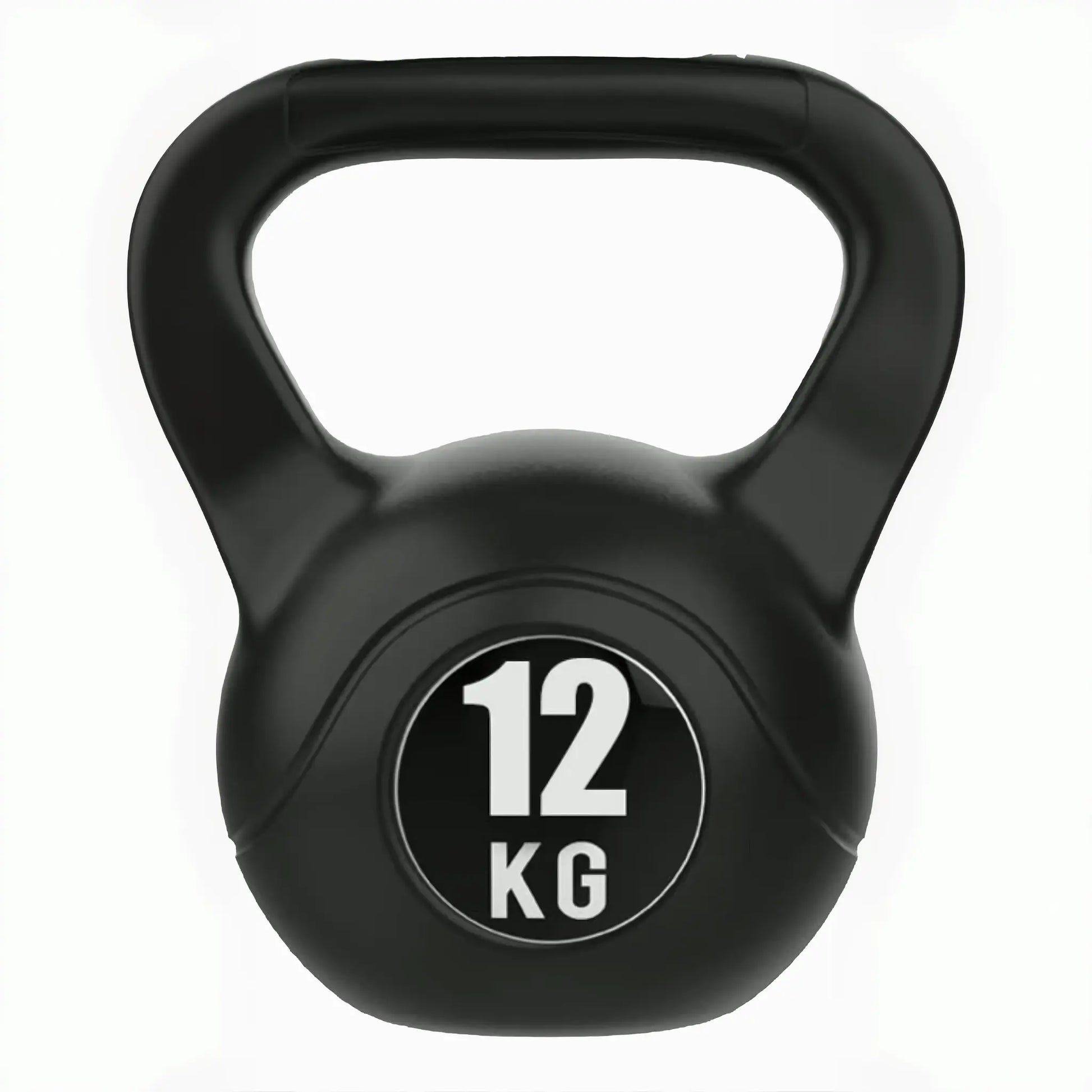 Black vinyl coated kettlebell with wide handle and flat base
