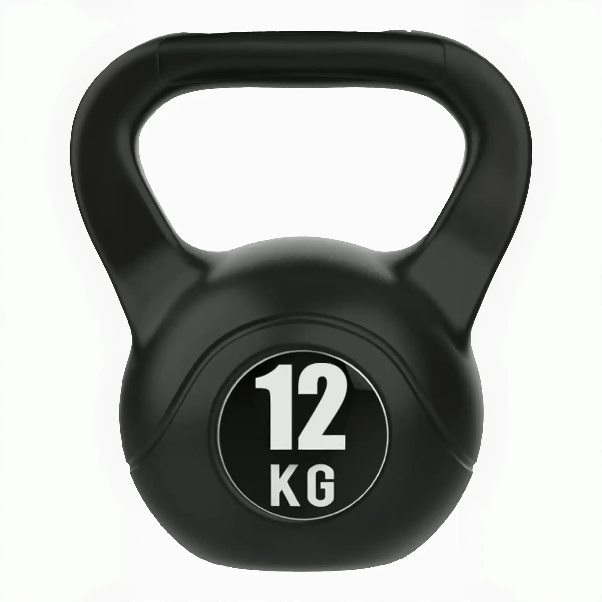 Black vinyl coated kettlebell with wide handle and flat base
